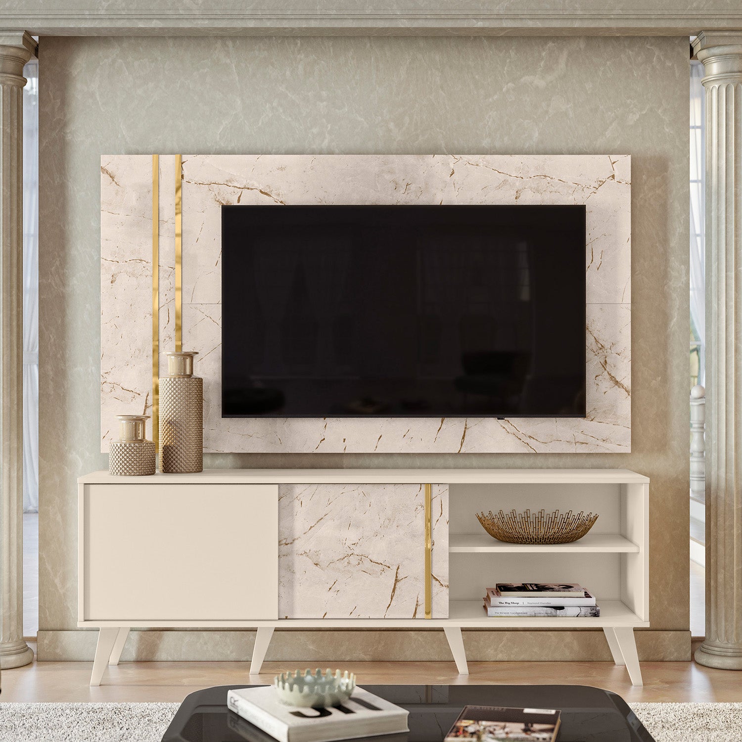 Combo Sofacama Denzel Ainoa Plata, Champaña + Centro de Entretenimiento Luka 160X148X37 Offwhite, Marmol