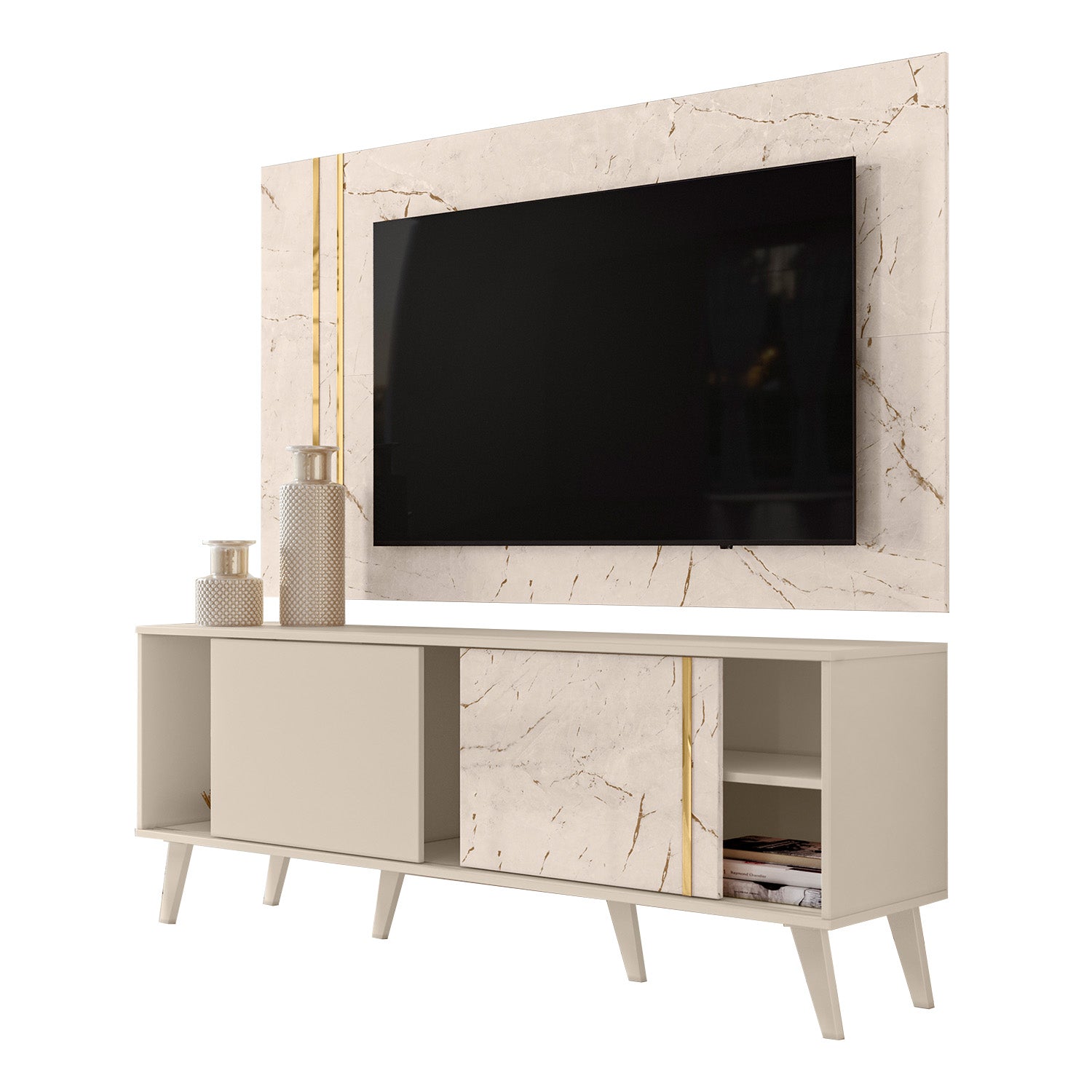 Combo Sofacama Denzel Ainoa Plata, Champaña + Centro de Entretenimiento Luka 160X148X37 Offwhite, Marmol