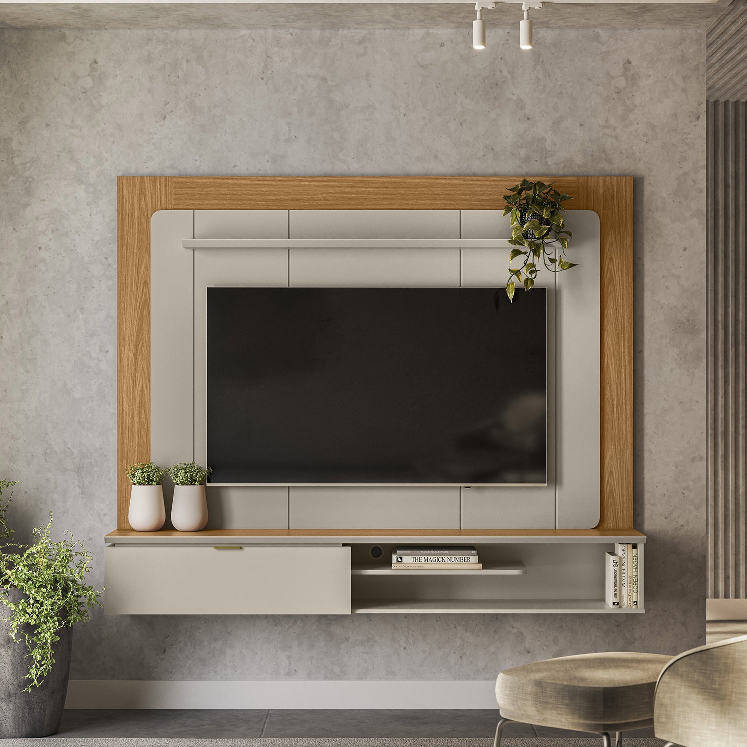 Combo Panel de Tv 182X150X34 Lugano Natural, Offwhite + Silla Reclinable Matti Eurolino Marfil