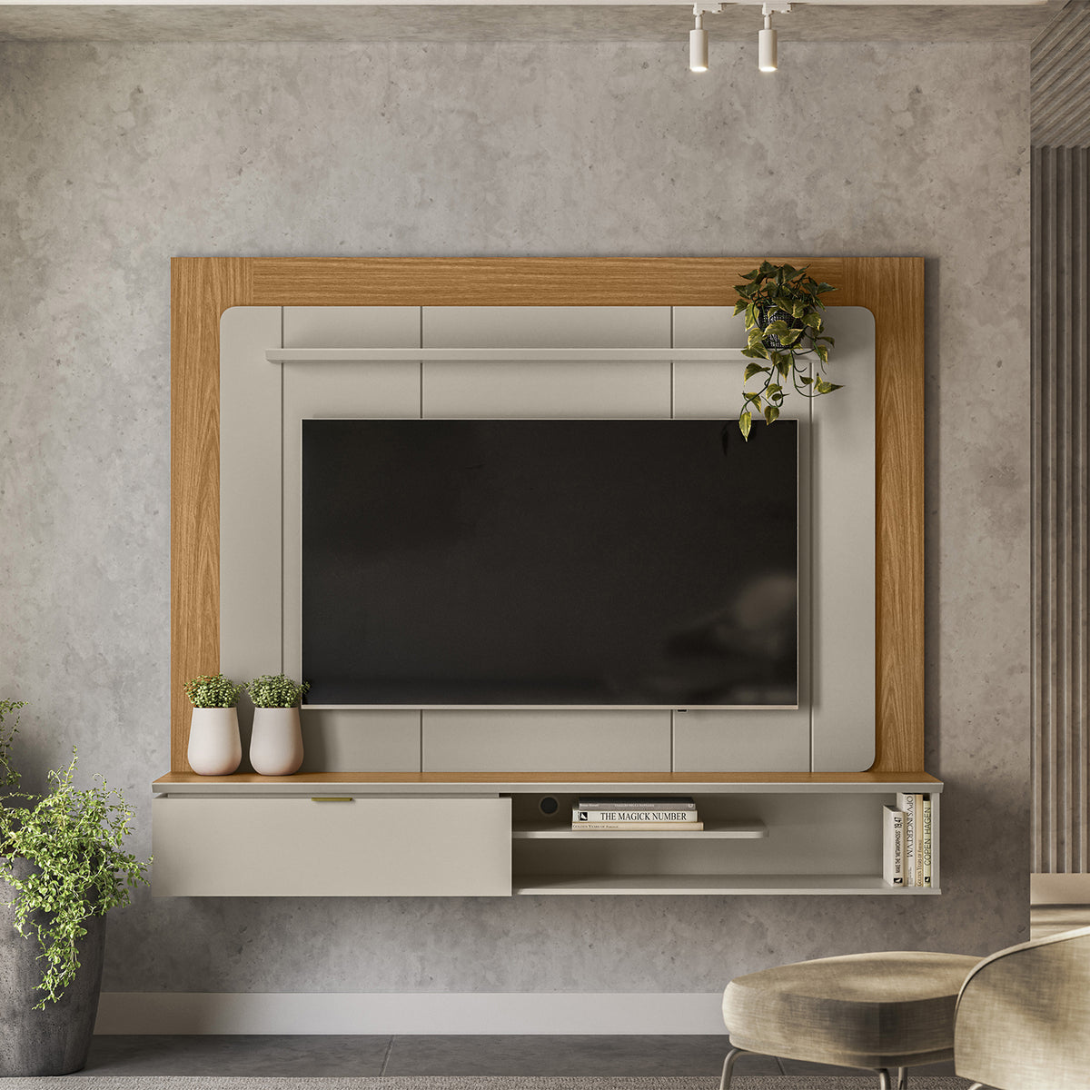 Combo Panel de Tv 182X150X34 Lugano Natural, Offwhite + Silla Reclinable Matti Eurolino Marfil