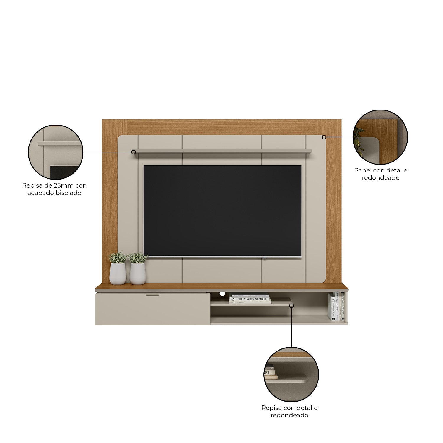 Combo Panel de Tv 182X150X34 Lugano Natural, Offwhite + Silla Reclinable Matti Eurolino Marfil