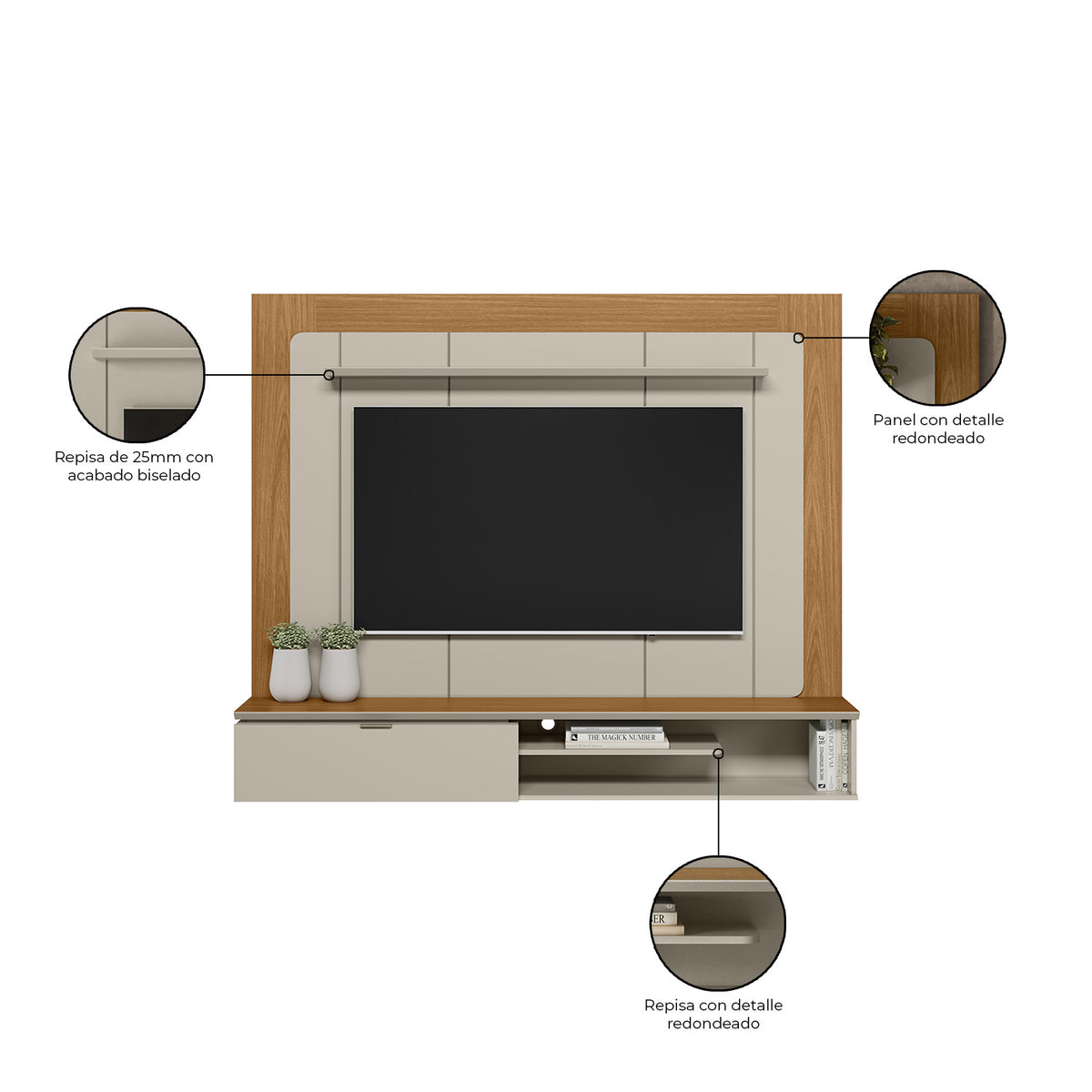 Combo Panel de Tv 182X150X34 Lugano Natural, Offwhite + Silla Reclinable Matti Eurolino Marfil