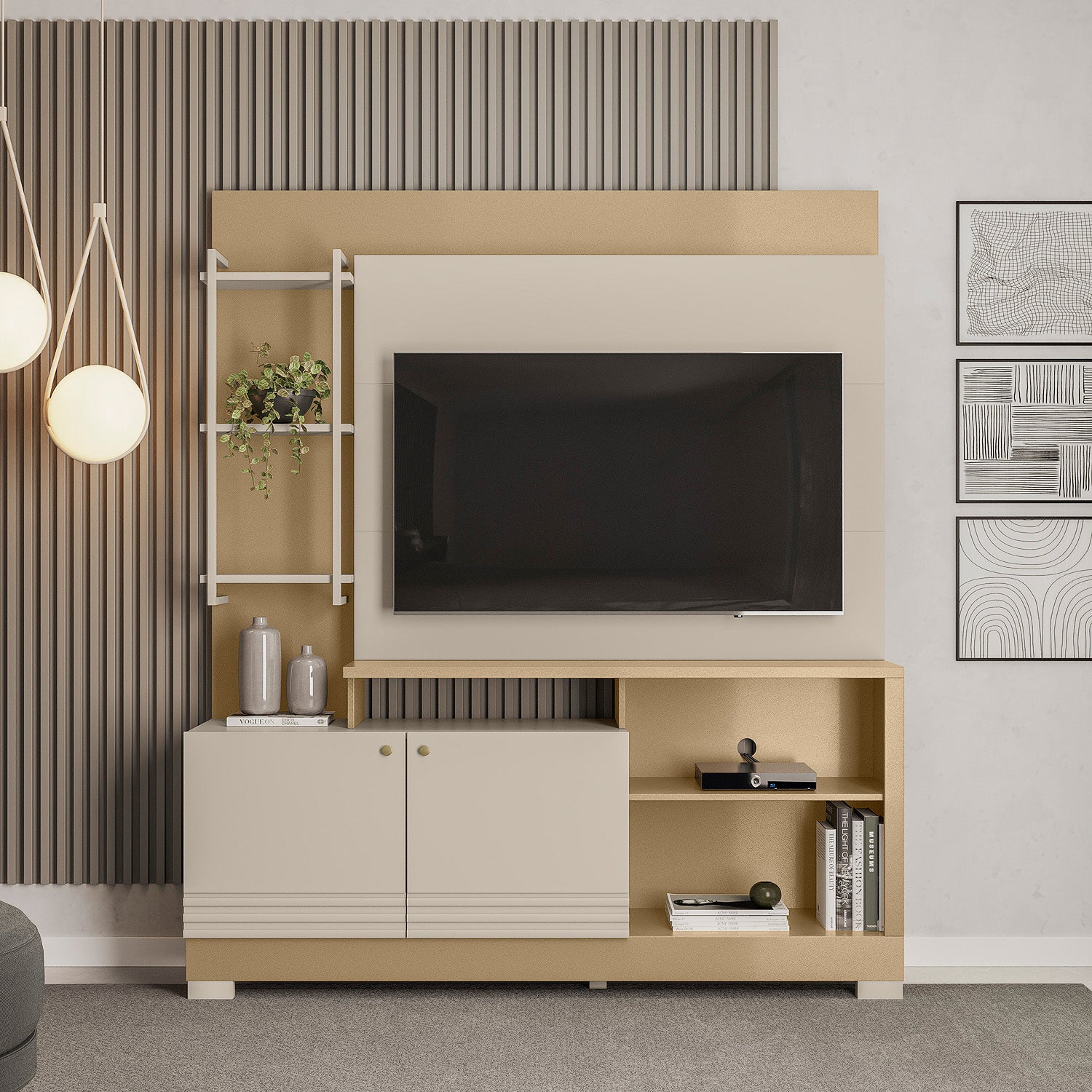 Combo Centro de Entretenimiento 160X187X39 Malaga Offwhite, Champaña + Silla Reclinable Minoti Atlas Marmol Mecedora, Giratoria