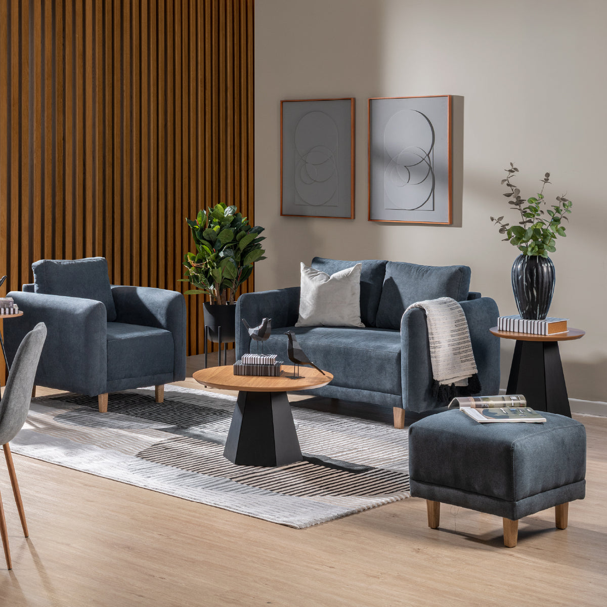 Combo Sala Modular Lana Dorsey Gris, Natural + Comedor 4 Puestos Harrison Natural, Gris