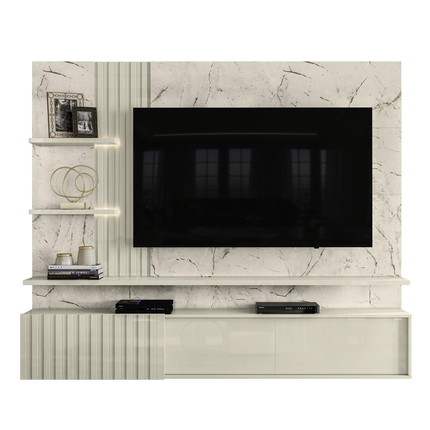 Combo Sofa 3 Puestos Mark Beige, Taupe y Champaña + Panel Tv Bruno 200X167X35.5 Off White, Marfil