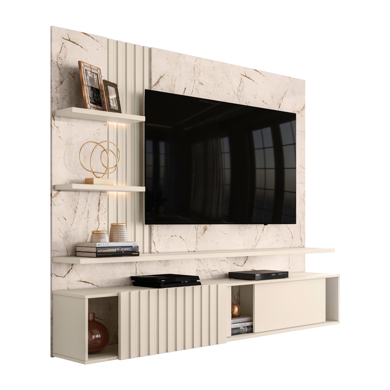 Combo Sofa 3 Puestos Mark Beige, Taupe y Champaña + Panel Tv Bruno 200X167X35.5 Off White, Marfil