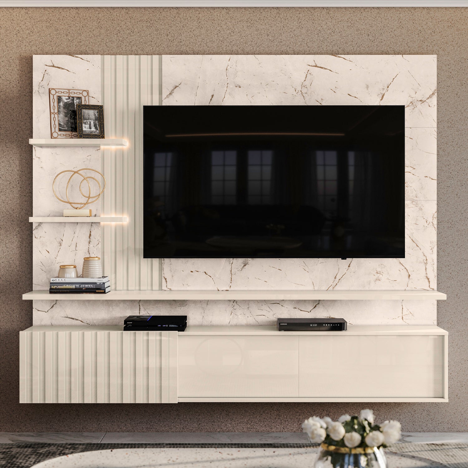 Combo Sofa 3 Puestos Mark Beige, Taupe y Champaña + Panel Tv Bruno 200X167X35.5 Off White, Marfil