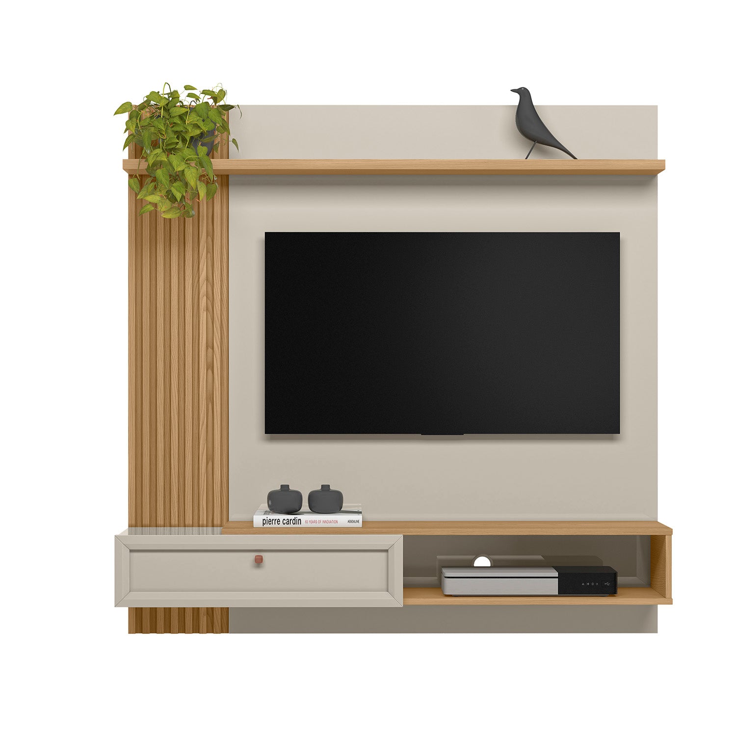 Combo Sofa Cama Bell Impetu Beige, Natural + Panel De Tv Pier 133X132 Offwhite, Natural