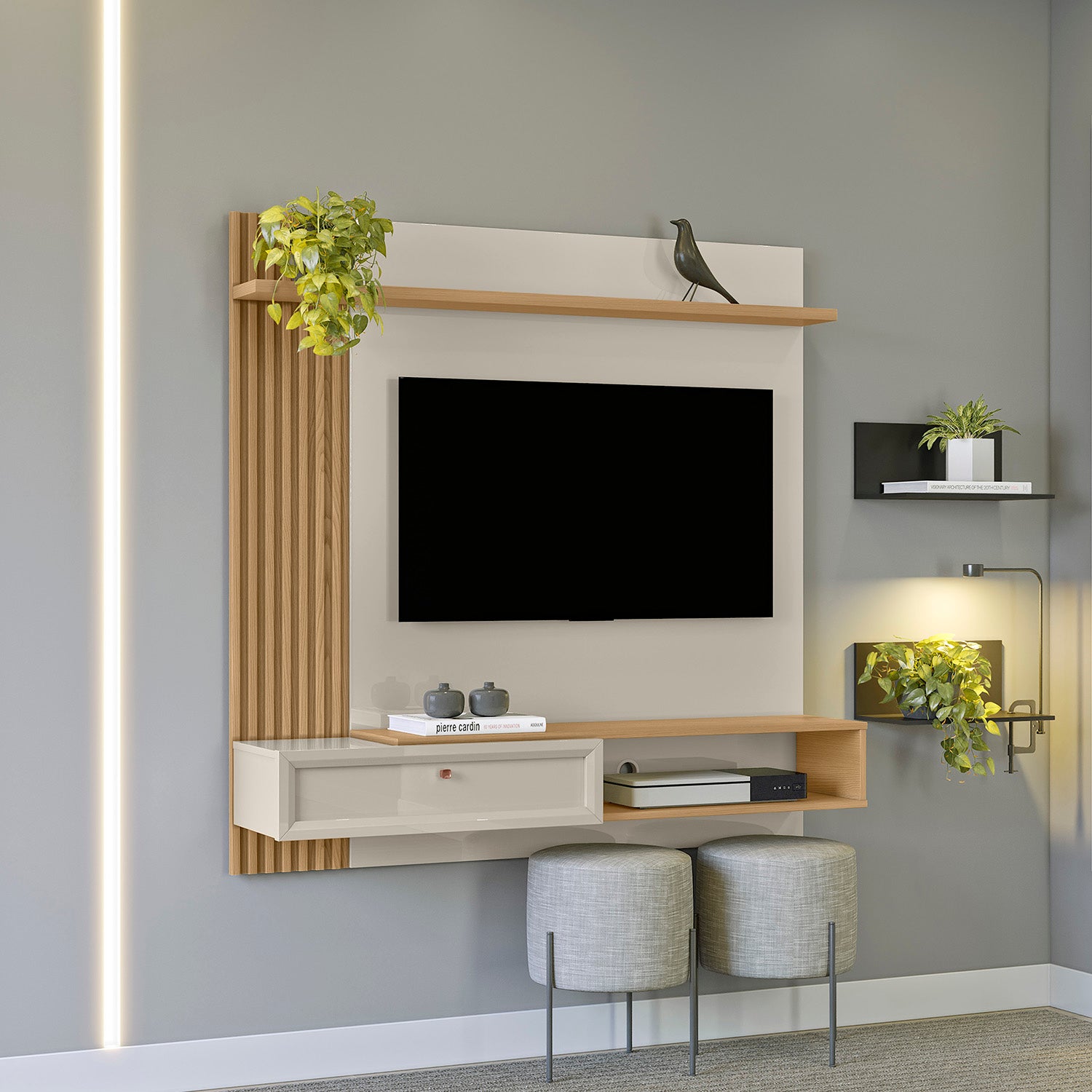 Combo Sofa Cama Bell Impetu Beige, Natural + Panel De Tv Pier 133X132 Offwhite, Natural