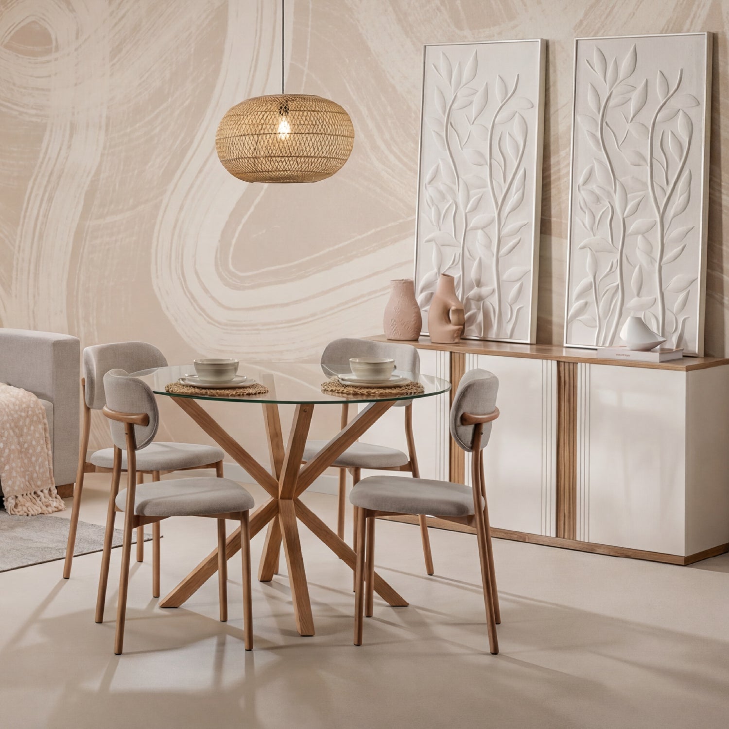 Combo Sala Funcional Andora Icono Almendra, Natural Bd + Comedor 4 Puestos Dousty Taupe, Natural