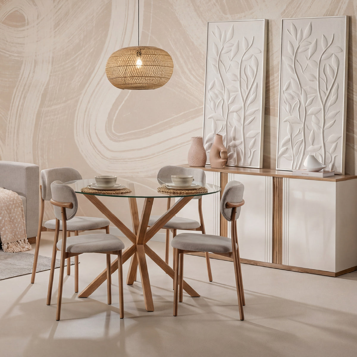 Combo Sala Funcional Andora Icono Almendra, Natural Bd + Comedor 4 Puestos Dousty Taupe, Natural
