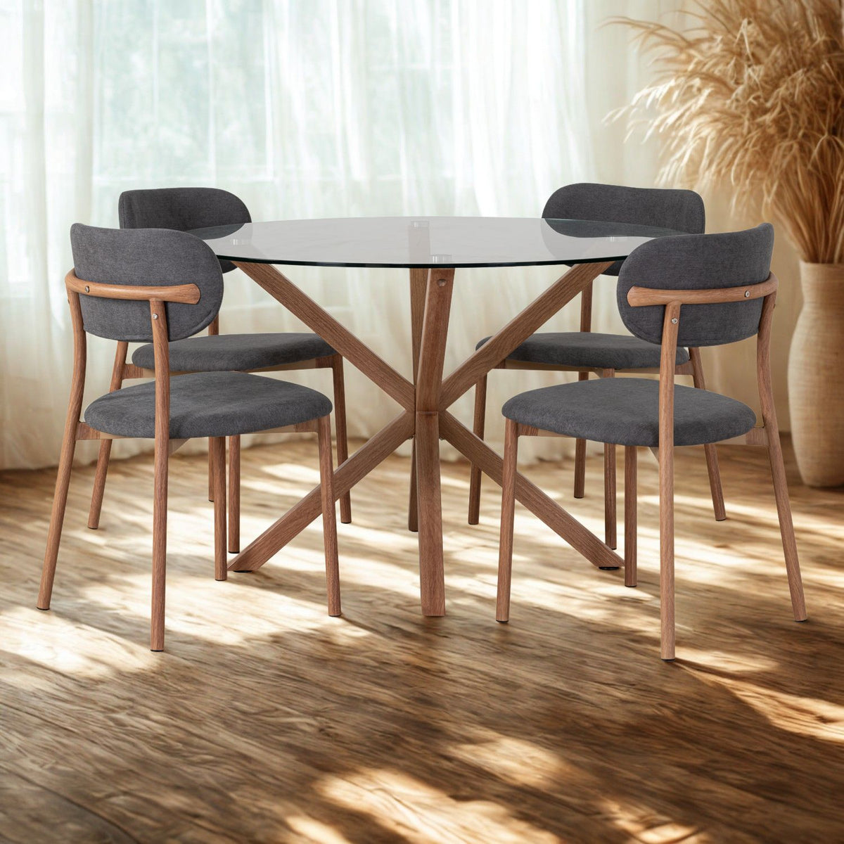 Combo Sala Funcional Andora Lino Kazan Plomo, Natural Bd + Comedor 4 Puestos Dousty Gris, Natural