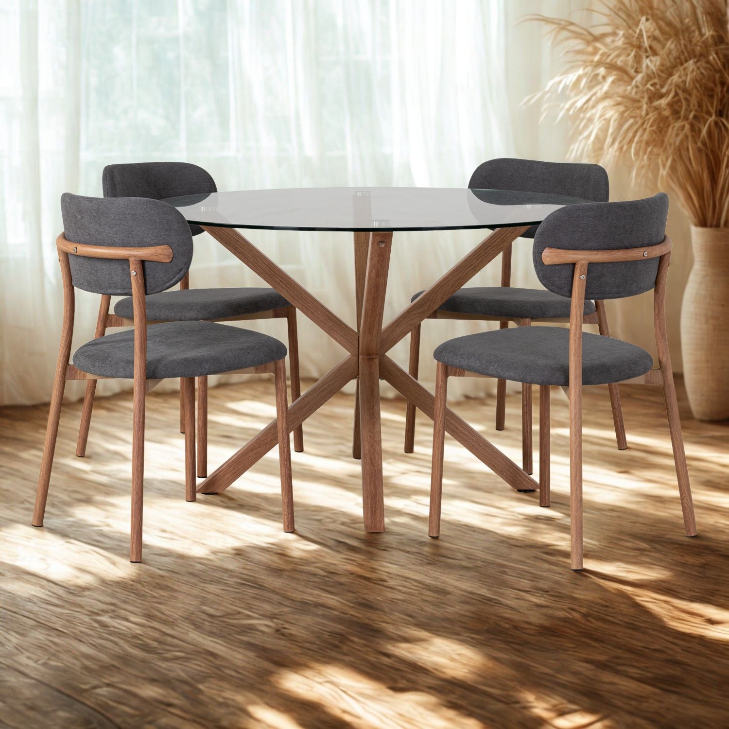 Combo Sala Funcional Andora Lino Kazan Plomo, Natural Bd + Comedor 4 Puestos Dousty Gris, Natural