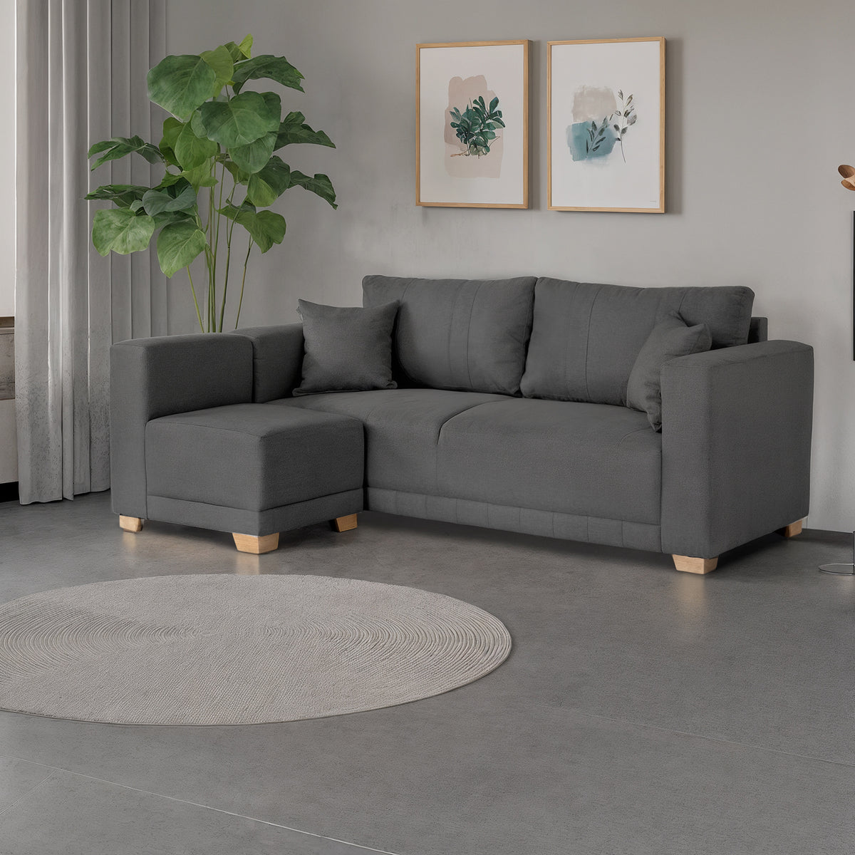 Combo Sala Funcional Andora Lino Kazan Plomo, Natural Bd + Comedor 4 Puestos Dousty Gris, Natural