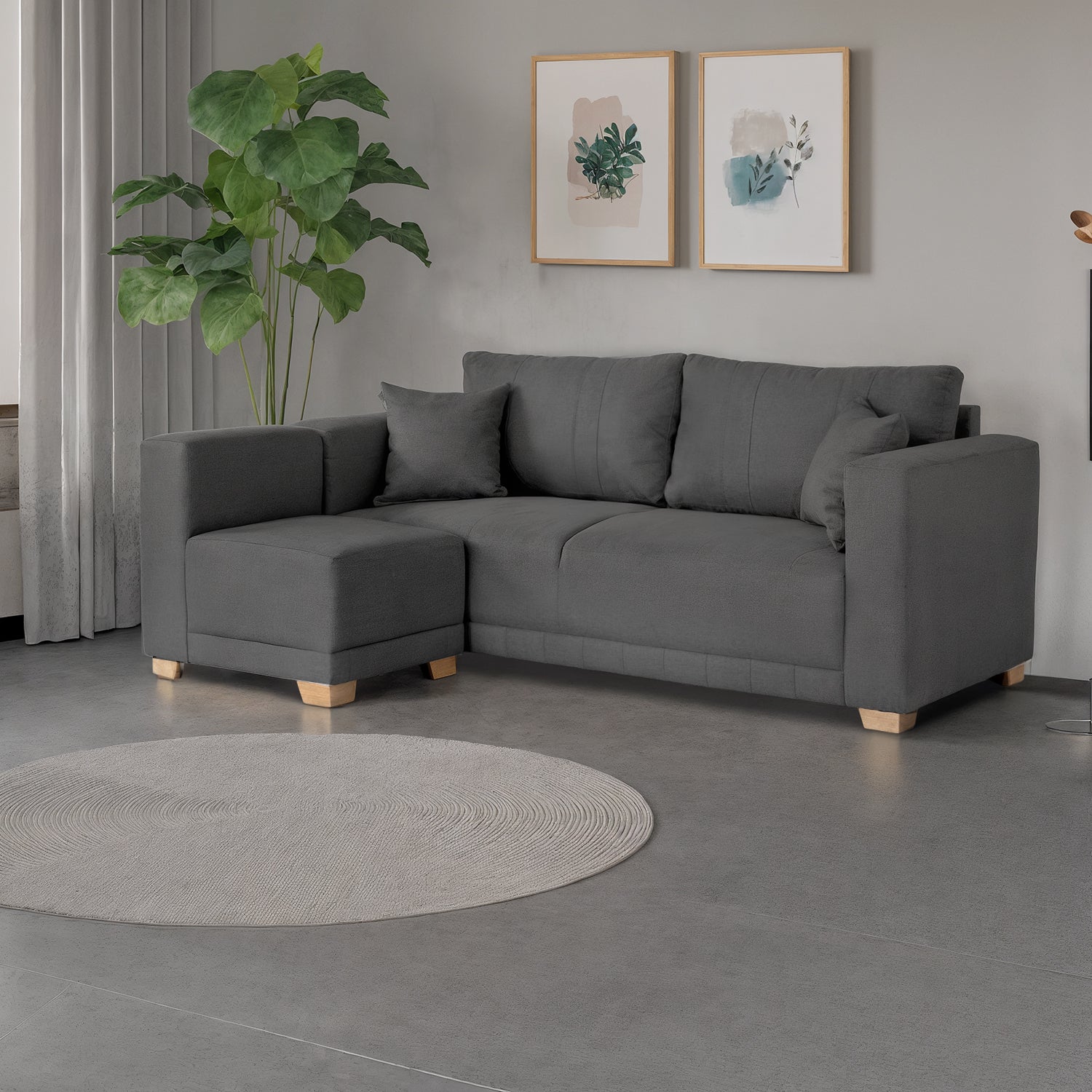 Combo Sala Funcional Andora Lino Kazan Plomo, Natural Bd + Comedor 4 Puestos Dousty Gris, Natural