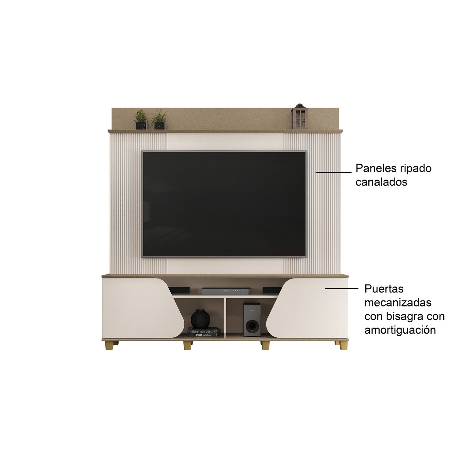 Combo Sala Cama Robi Blanco Puro Orientación Izquierda + Centro Entretenimiento Logan Offwhite, Champaña