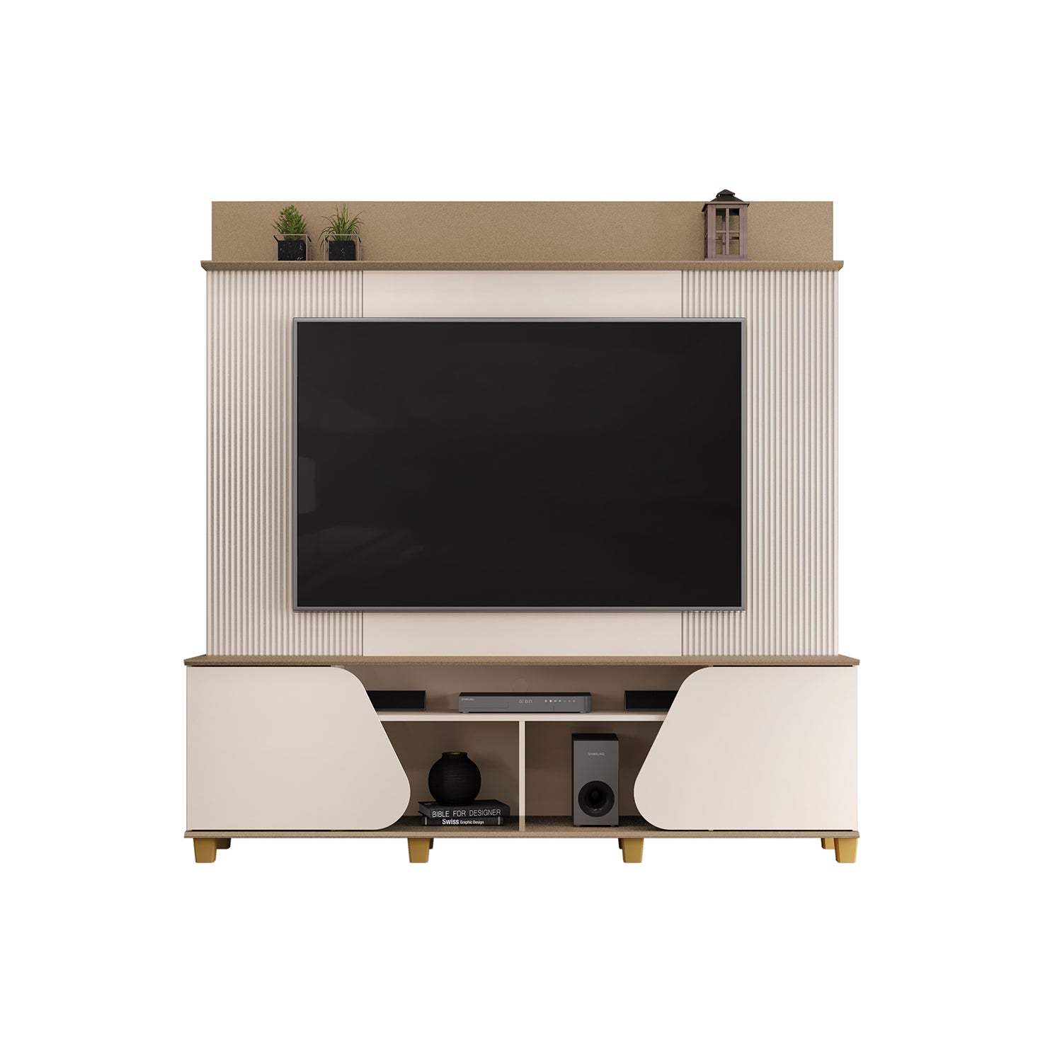 Combo Sala Cama Robi Blanco Puro Orientación Izquierda + Centro Entretenimiento Logan Offwhite, Champaña