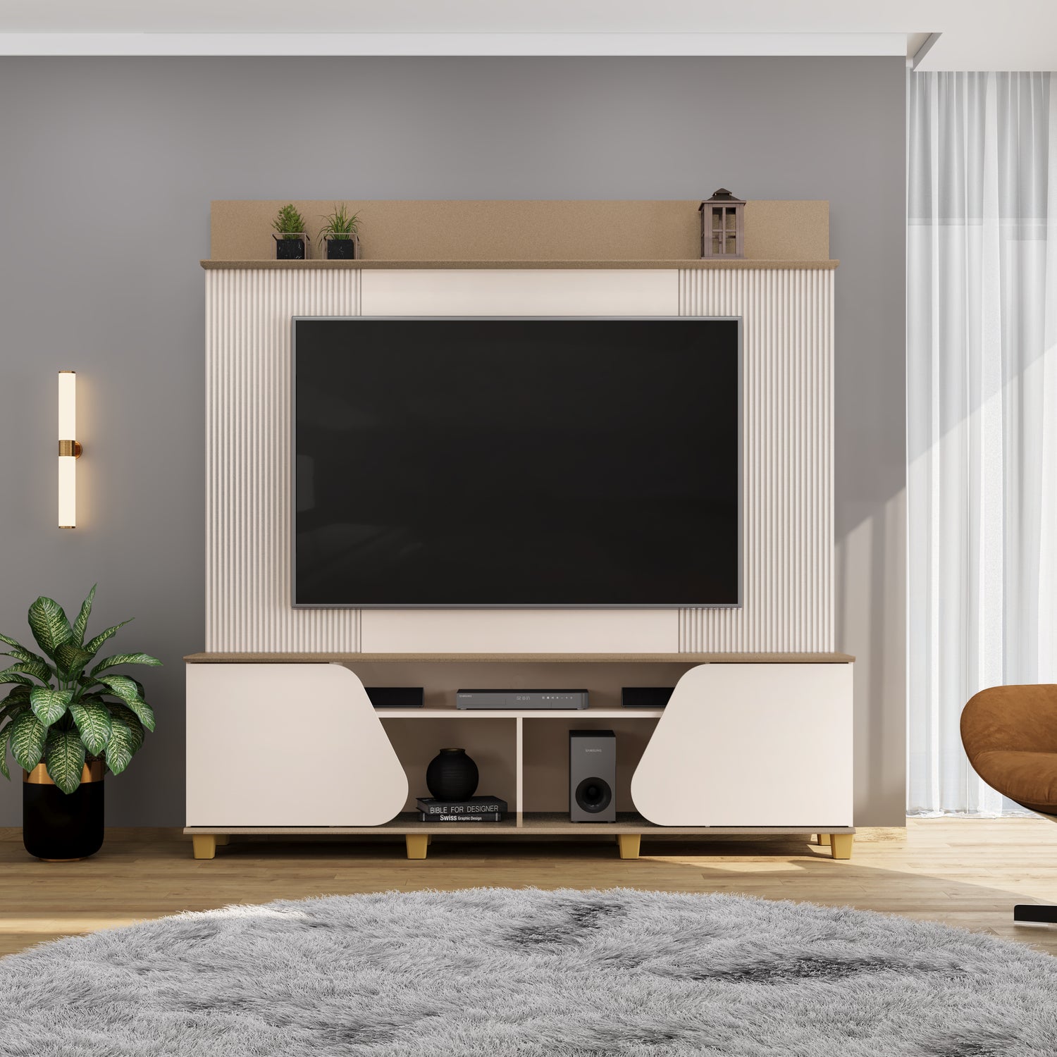 Combo Sala Cama Robi Blanco Puro Orientación Izquierda + Centro Entretenimiento Logan Offwhite, Champaña