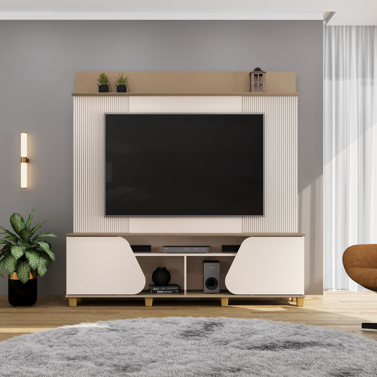 Combo Sala Cama Robi Blanco Puro Orientación Izquierda + Centro Entretenimiento Logan Offwhite, Champaña
