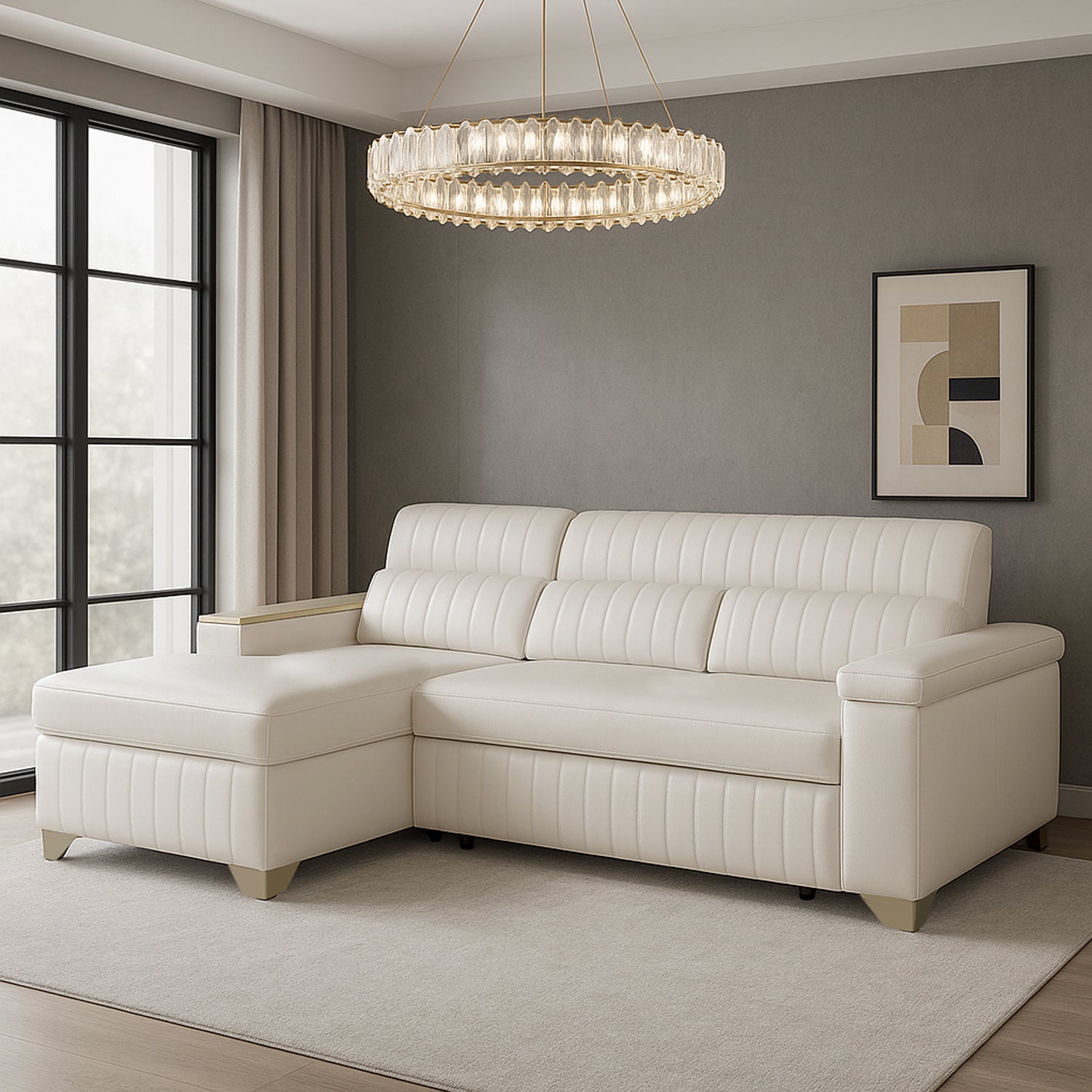 Combo Sala Cama Robi Blanco Puro Orientación Izquierda + Centro Entretenimiento Logan Offwhite, Champaña