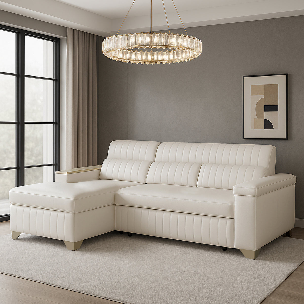 Combo Sala Cama Robi Blanco Puro Orientación Izquierda + Centro Entretenimiento Logan Offwhite, Champaña