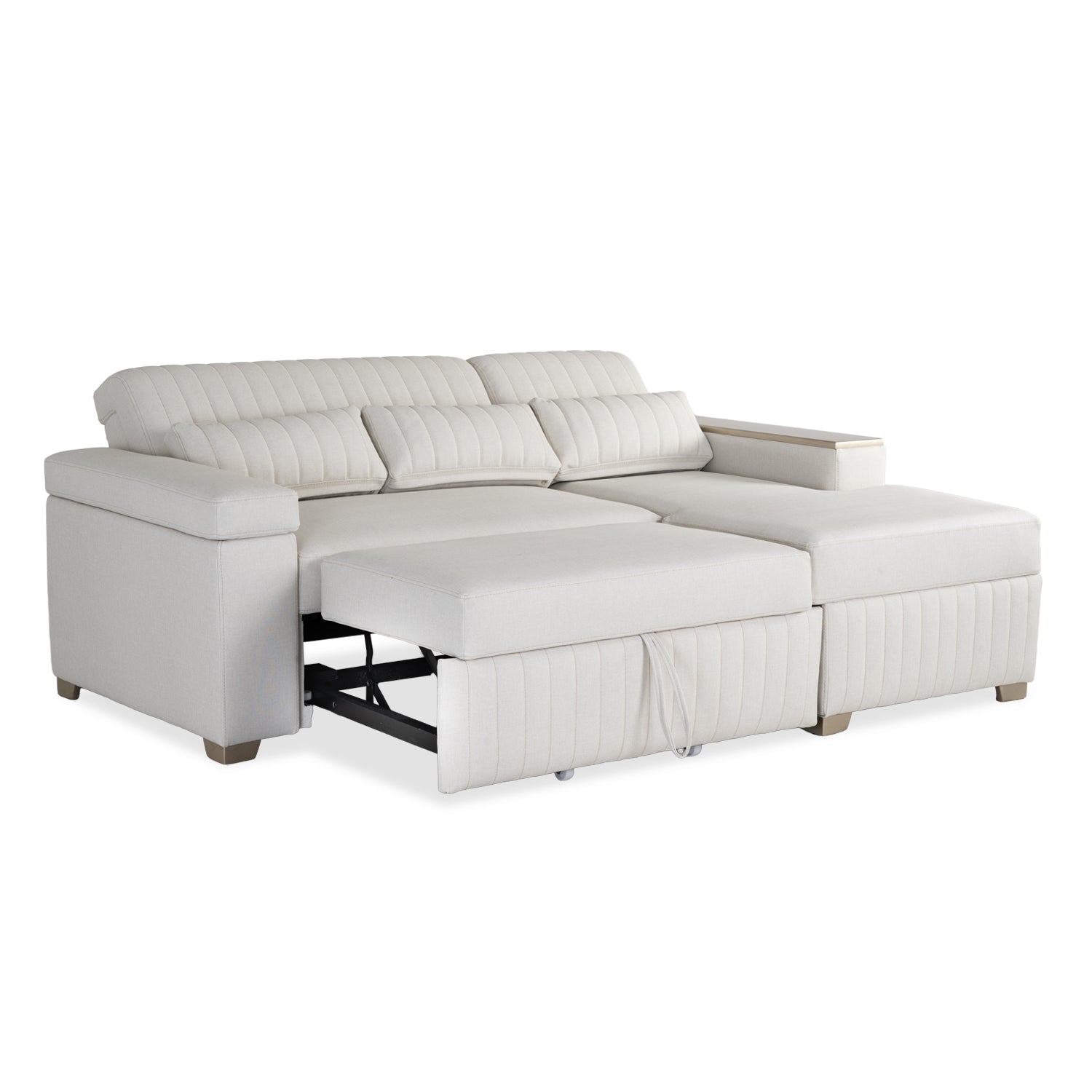 Combo Sala Cama Robi Blanco Puro Orientación Derecha + Centro Entretenimiento Logan Offwhite, Champaña