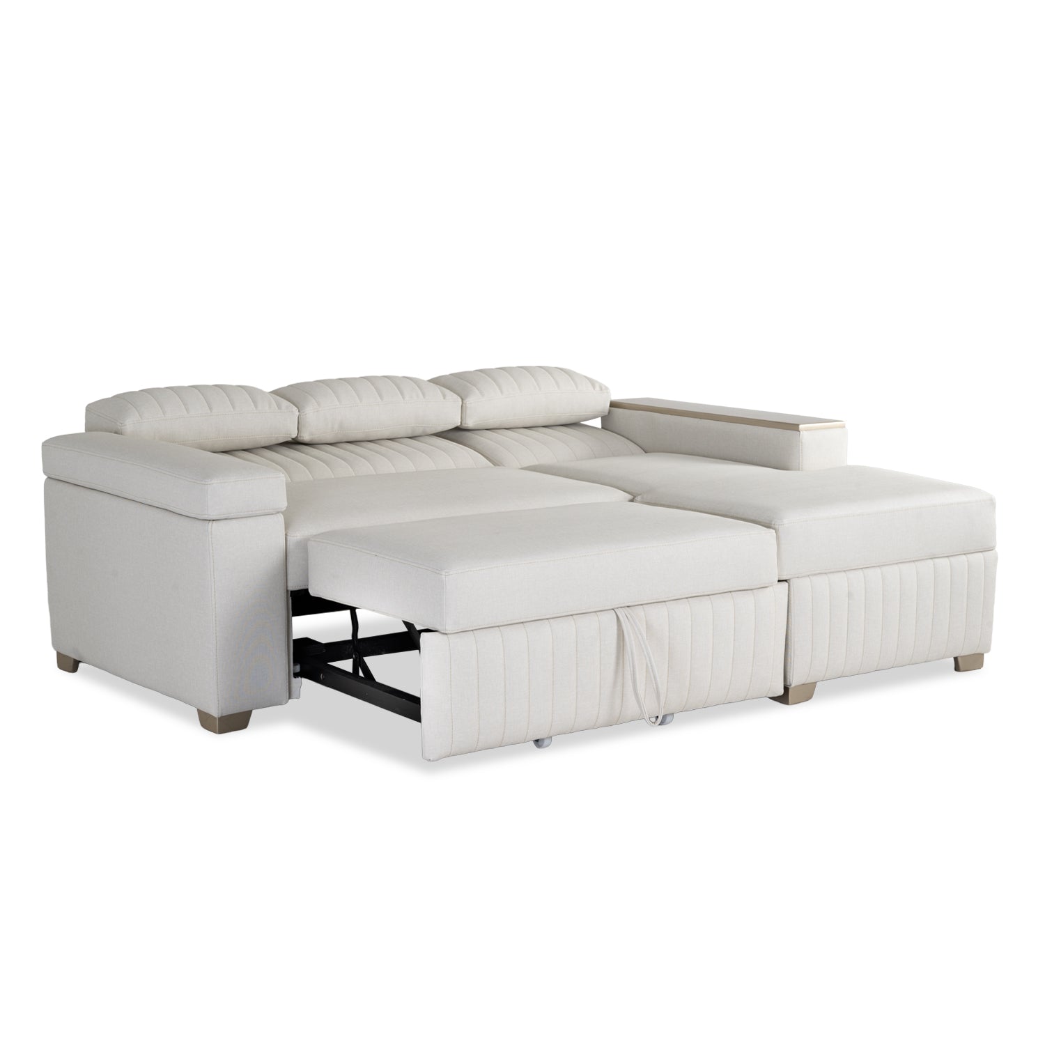 Combo Sala Cama Robi Blanco Puro Orientación Derecha + Centro Entretenimiento Logan Offwhite, Champaña