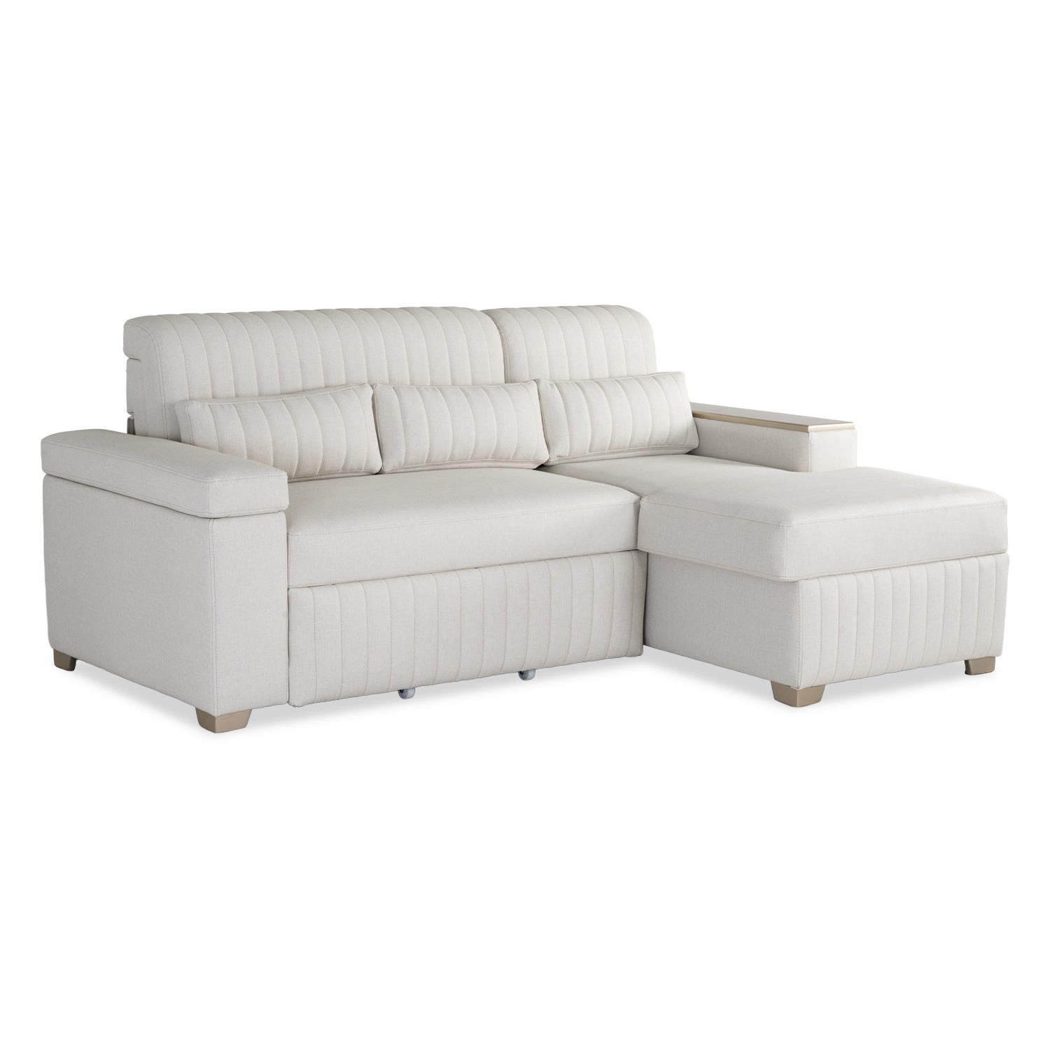 Combo Sala Cama Robi Blanco Puro Orientación Derecha + Centro Entretenimiento Logan Offwhite, Champaña
