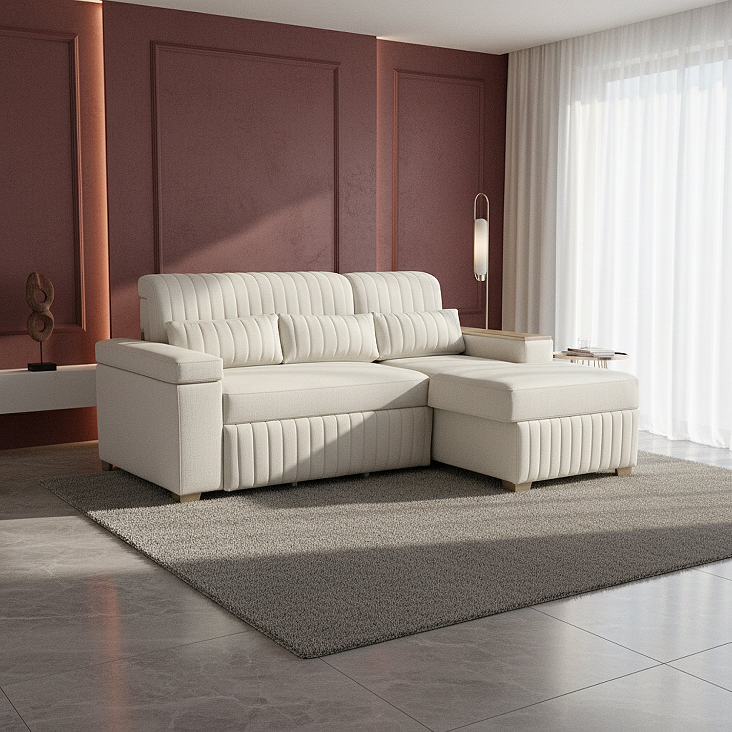 Combo Sala Cama Robi Blanco Puro Orientación Derecha + Centro Entretenimiento Logan Offwhite, Champaña