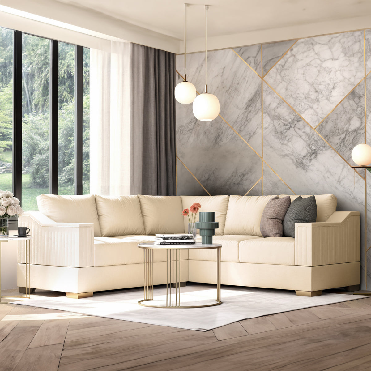 Combo Sala Rinconera Montier Beige, Champaña + Comedor 4 Puestos Cannes Eurolino Marfil, Champaña