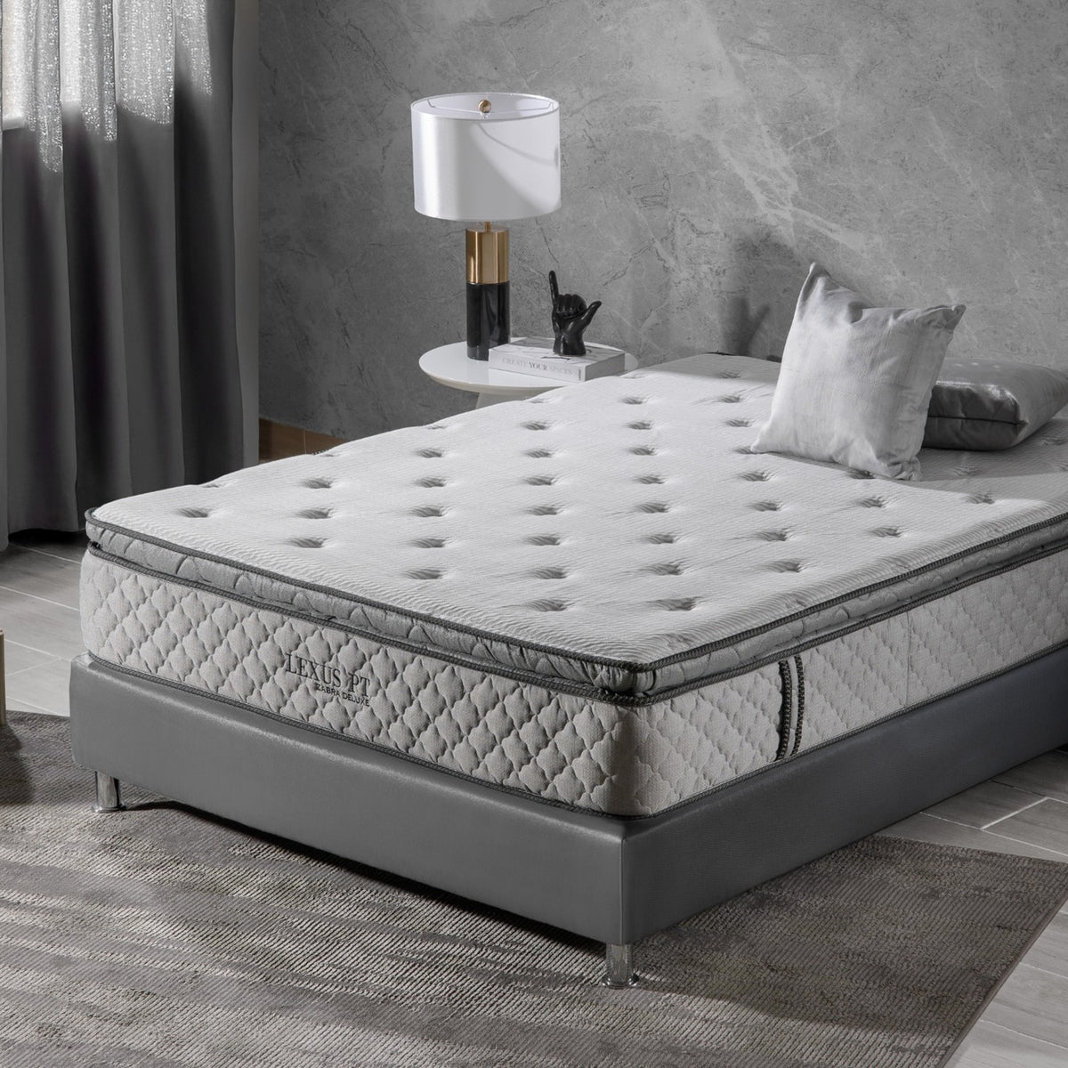 Combo Cama Doble Marriot Greige, Champaña + Colchon Lexus Pillow Top