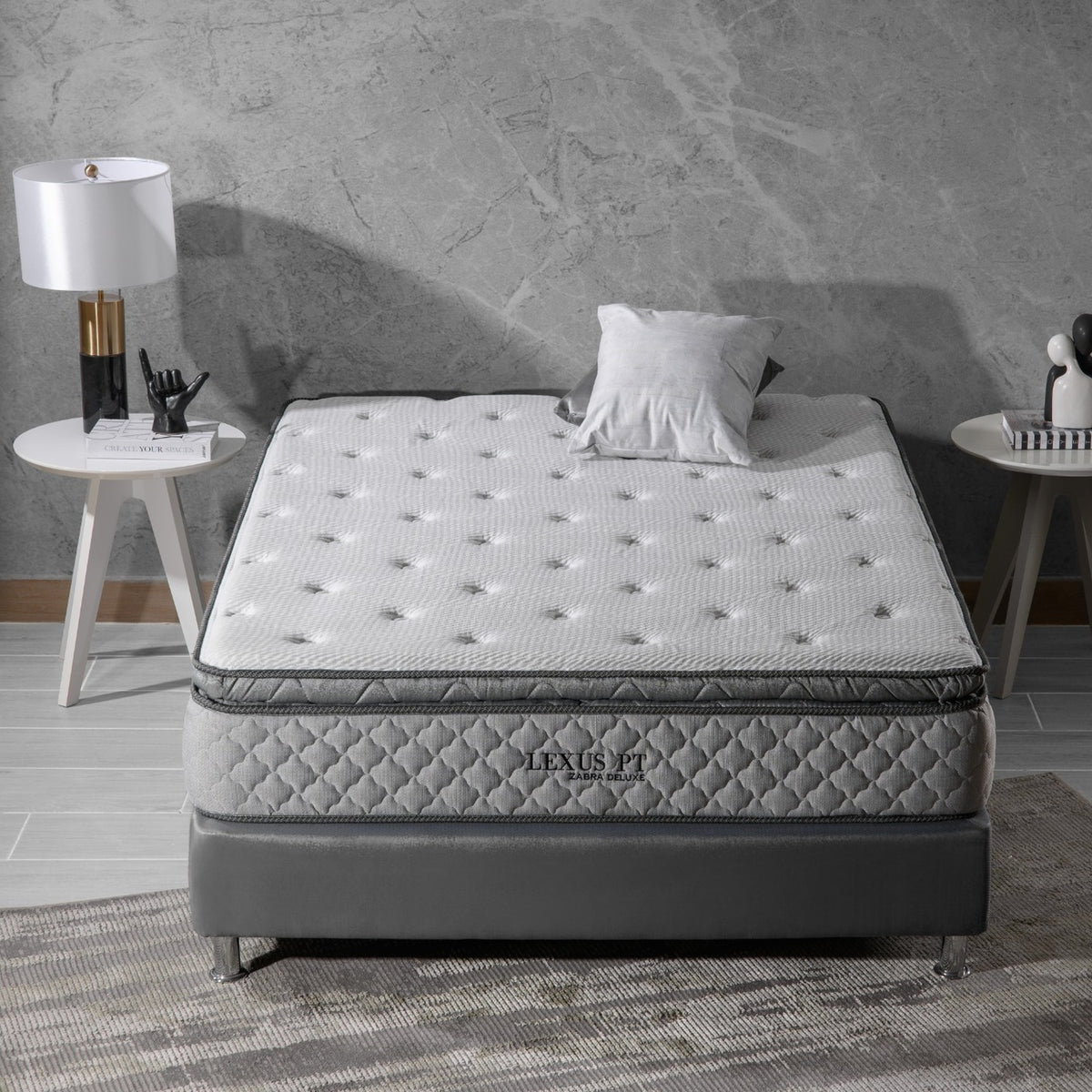 Combo Cama Doble Marriot Greige, Champaña + Colchon Lexus Pillow Top