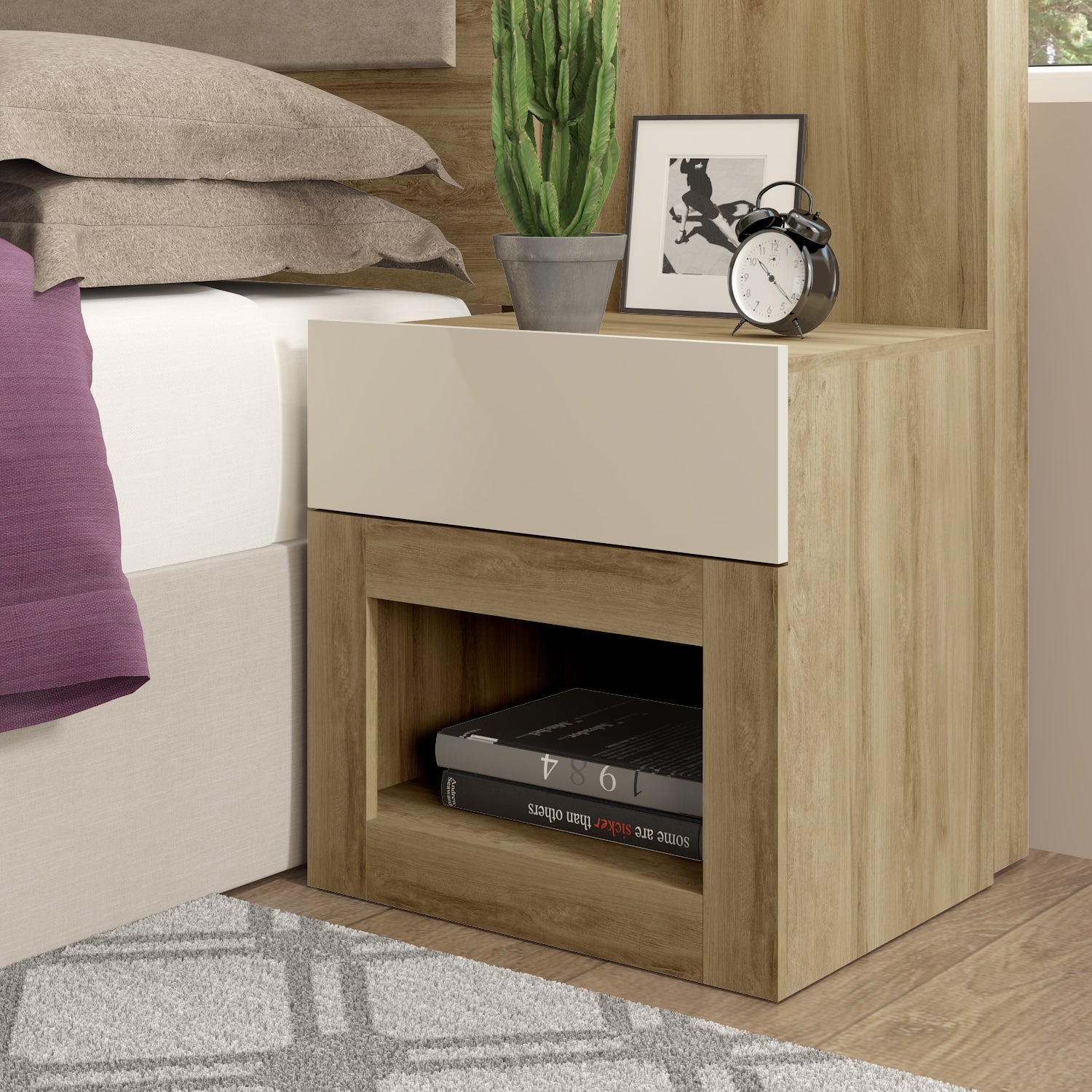 Combo Cama Doble Vallarta Eurolino Taupe + Colchon Lexus Deluxe Pt + Nochero Broadway Natural Off White