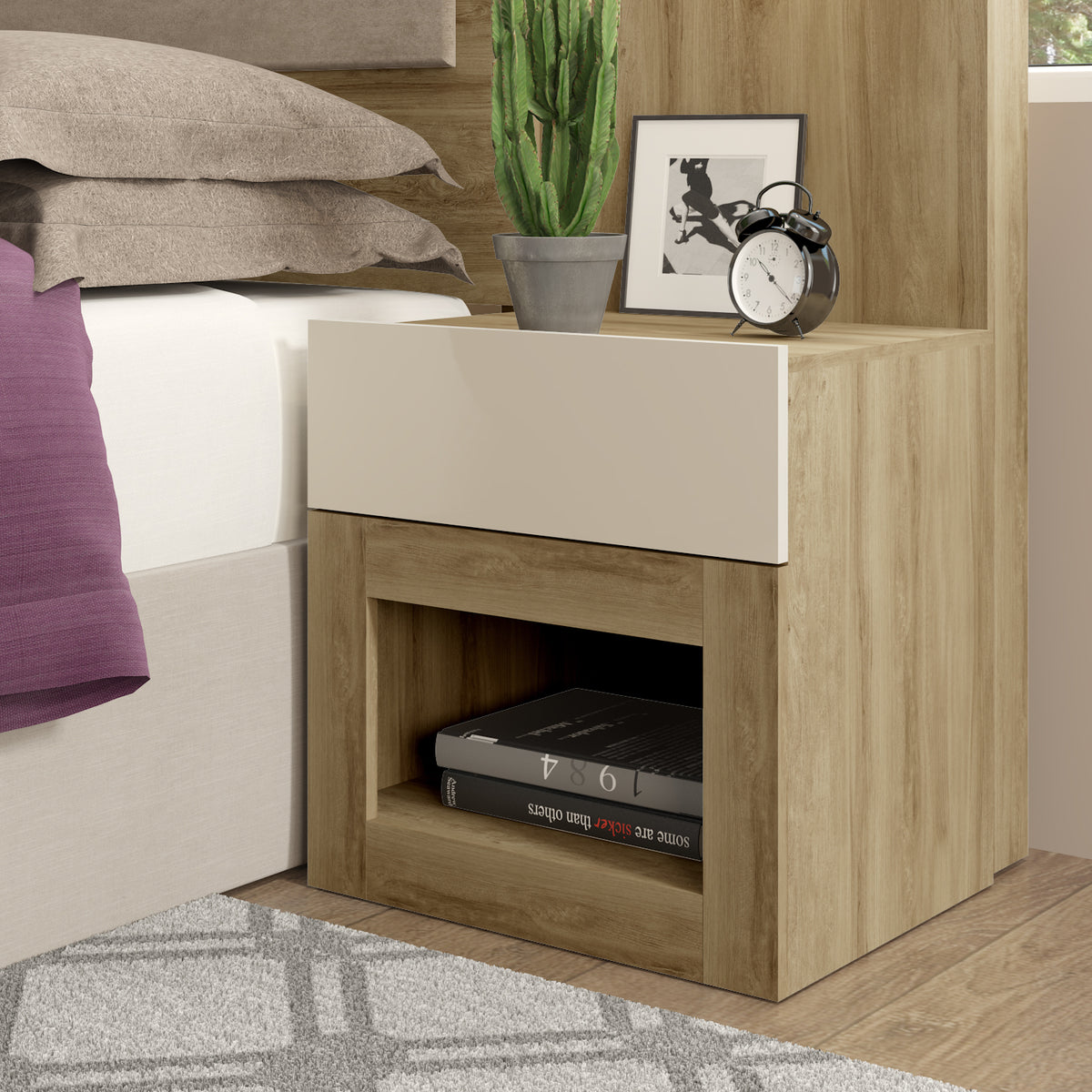 Combo Cama Doble Vallarta Eurolino Taupe + Colchon Lexus Deluxe Pt + Nochero Broadway Natural Off White