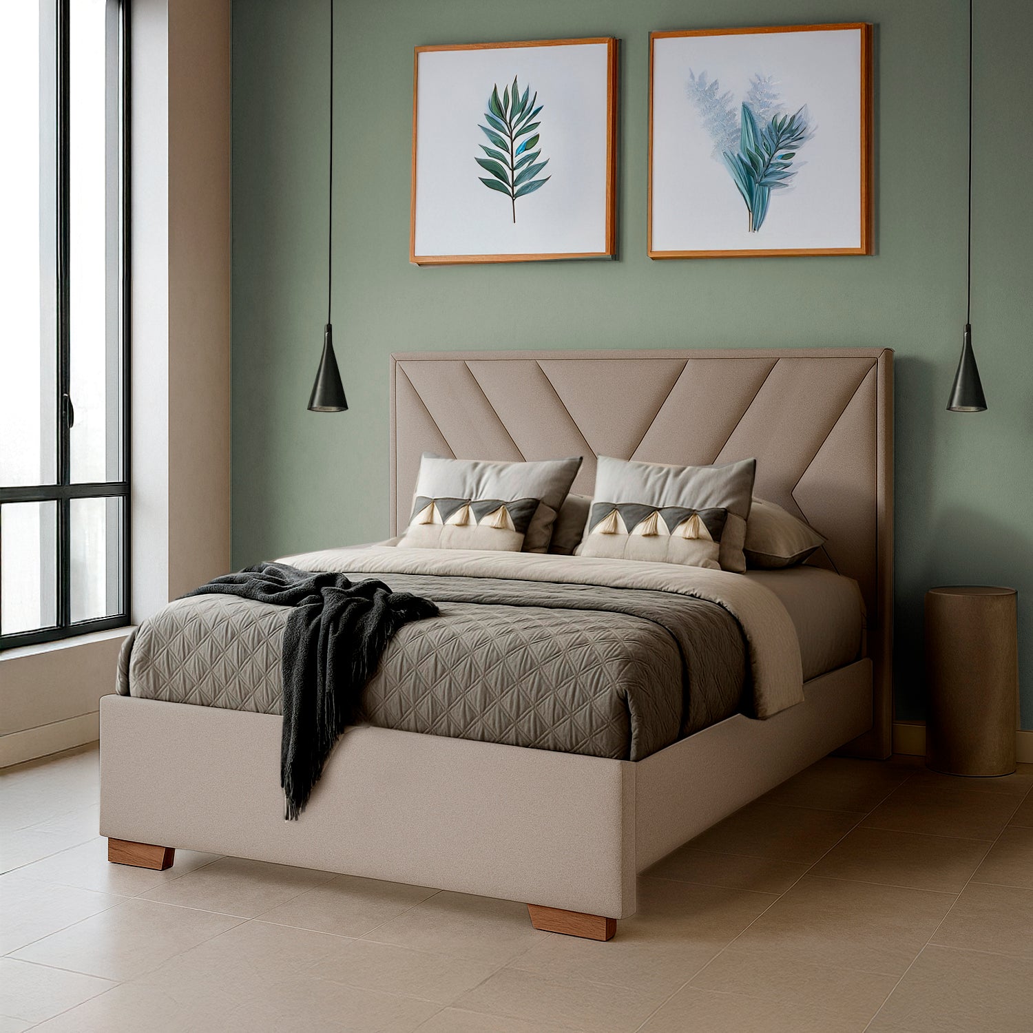 Combo Cama Doble Vallarta Eurolino Taupe + Colchon Lexus Deluxe Pt + Nochero Broadway Natural Off White