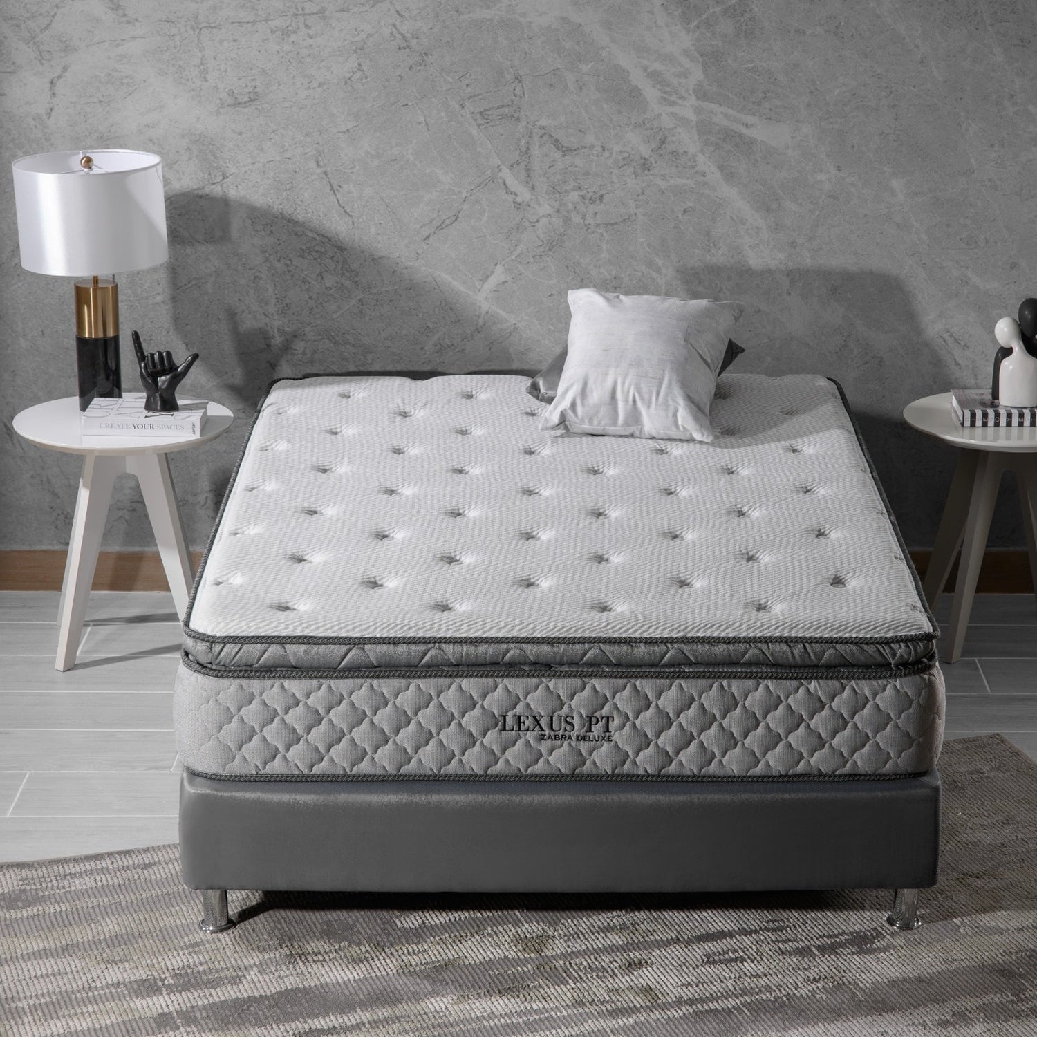 Combo Cama Doble Vallarta Eurolino Taupe + Colchon Lexus Deluxe Pt + Nochero Broadway Natural Off White