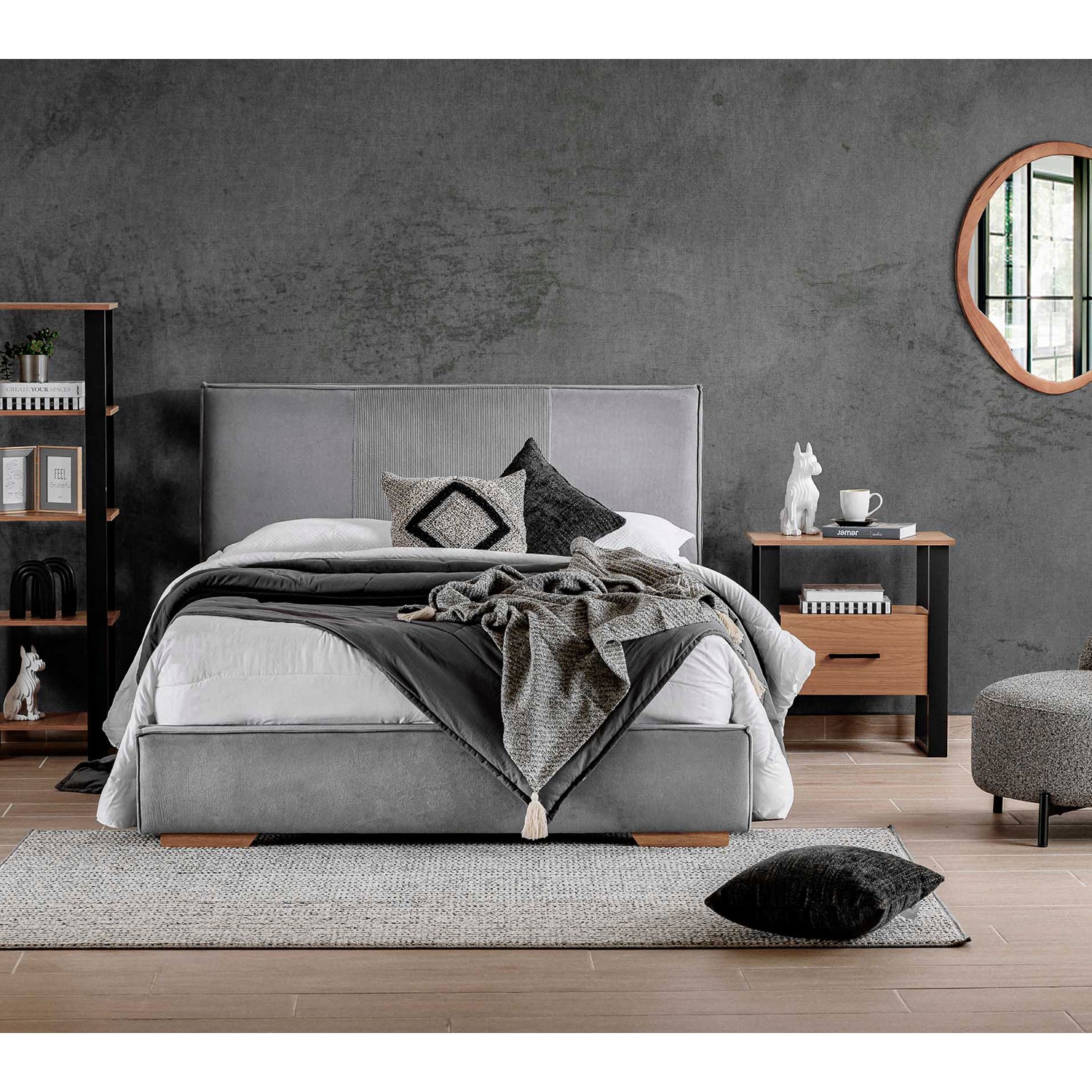 Combo Cama Doble Tokyo Gris, Natural + Colchón Valencia New Ortopédico