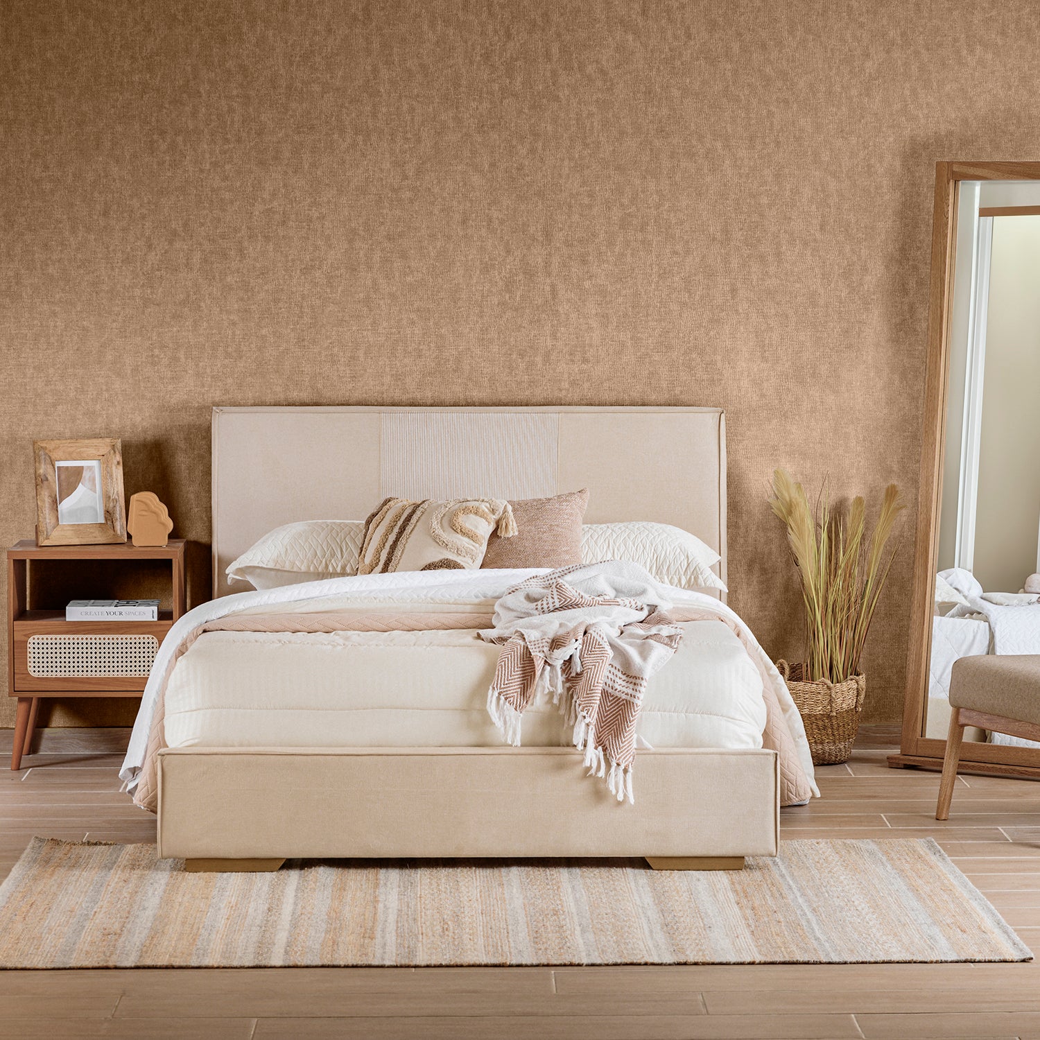 Combo Cama Doble Tokyo Beige, Natural + Colchón Valencia New Ortopédico