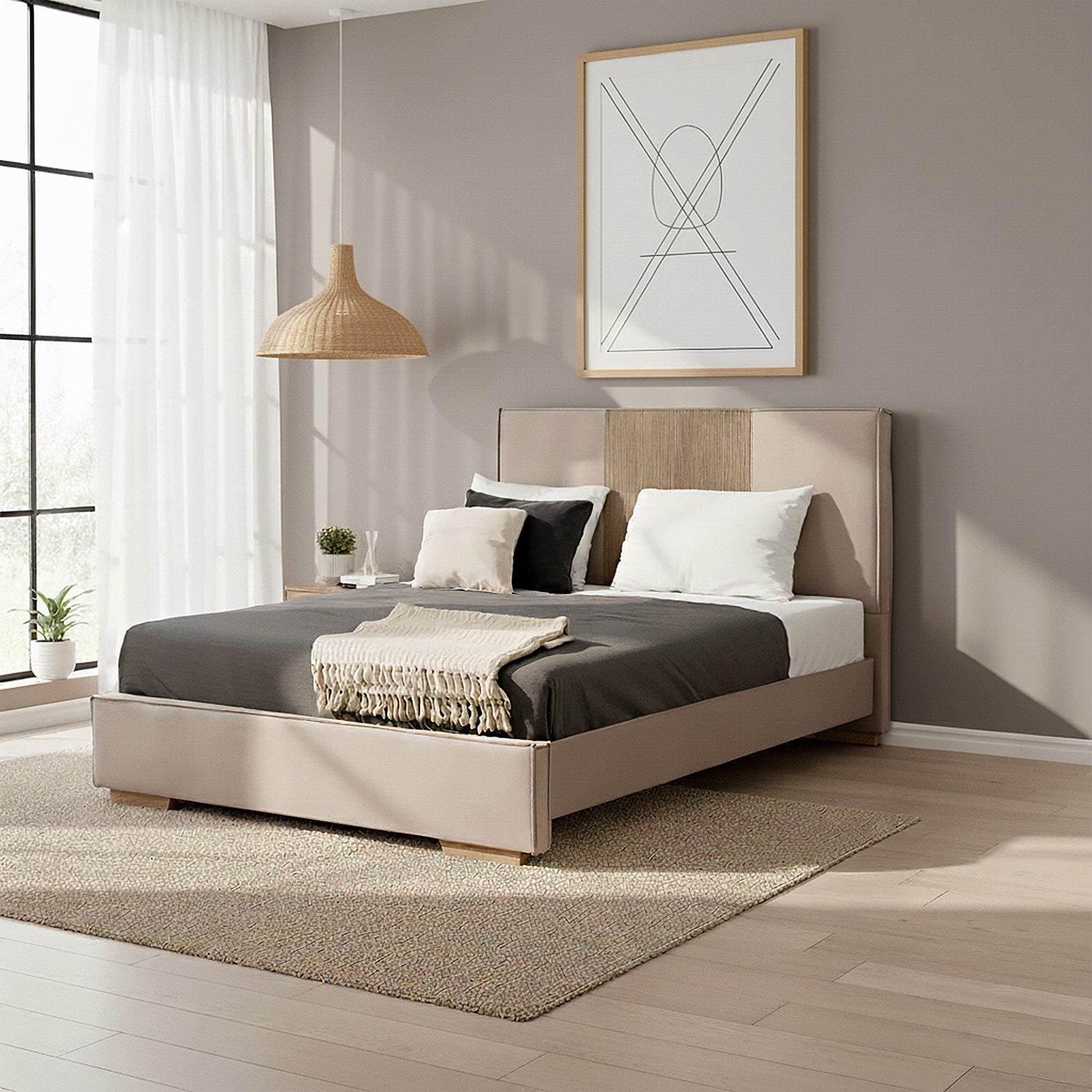 Combo Cama Doble Tokyo Taupe, Natural + Colchón Valencia New Ortopédico