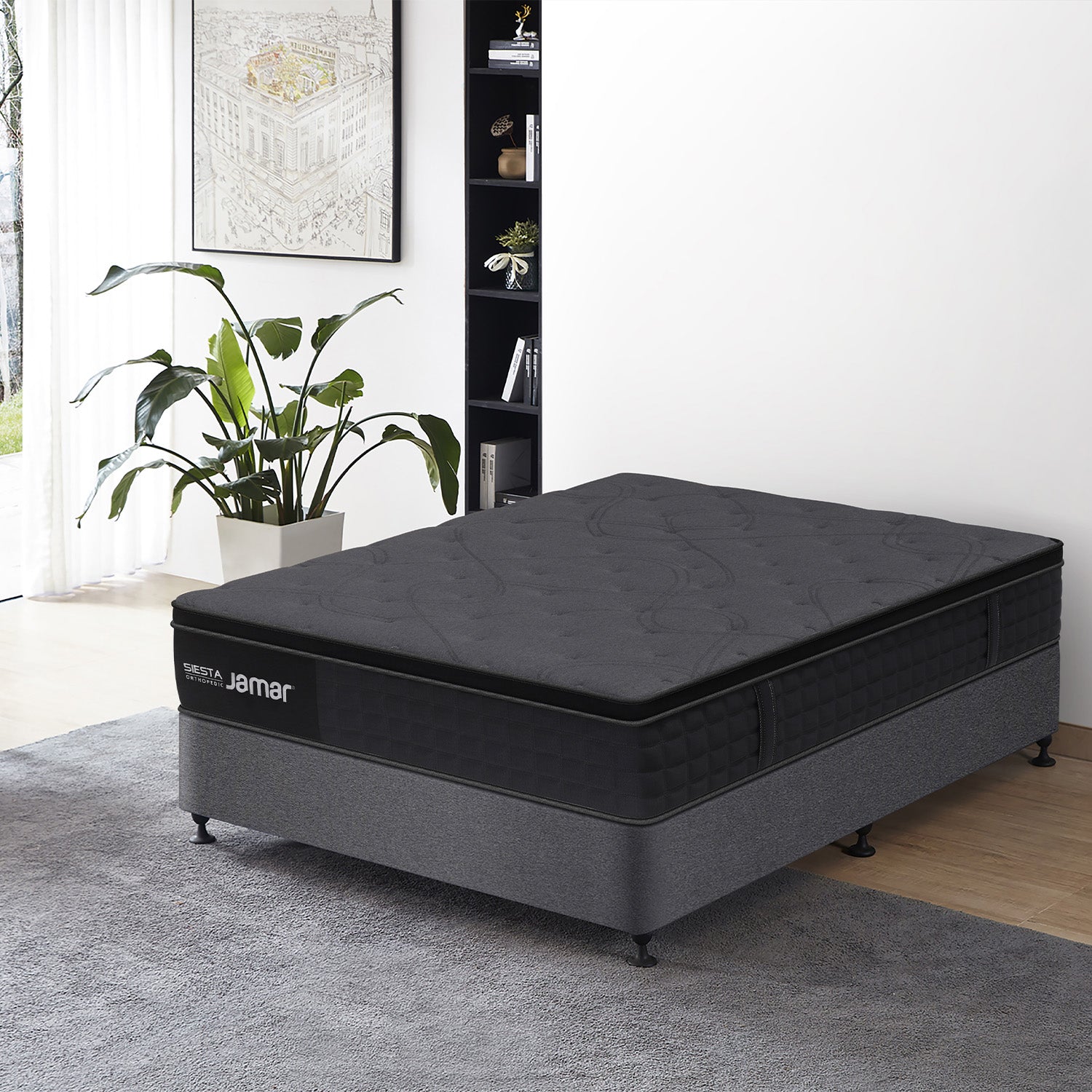 Combo Cama Sencillo Celeste Eurolino Beige, Natural + Colchón Siesta Orthopedic