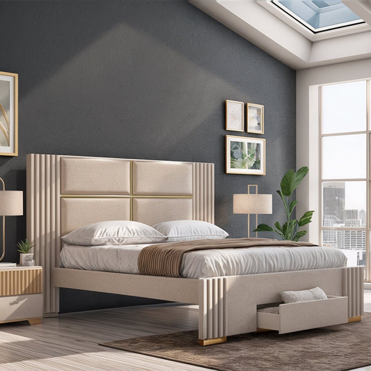 Combo Cama Semi Doble Texas Beige, Off White, Champaña + Colchón Lexus Deluxe Doble Pillow Top