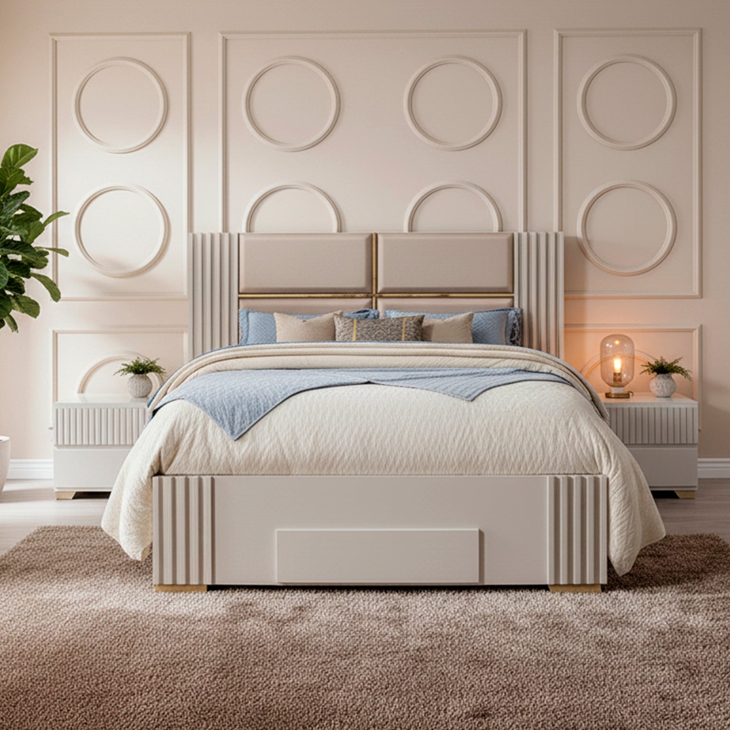 Combo Cama Queen Texas Beige, Off White, Champaña + Colchón Lexus Deluxe Doble Pillow Top