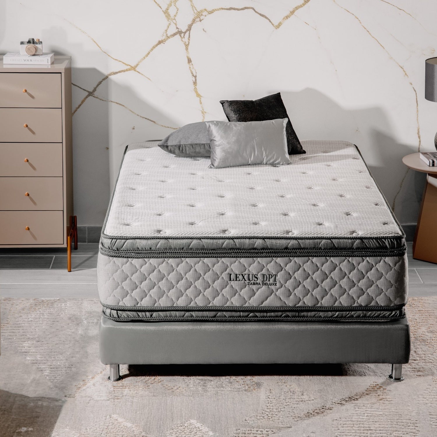Combo Cama Queen Texas Beige, Off White, Champaña + Colchón Lexus Deluxe Doble Pillow Top