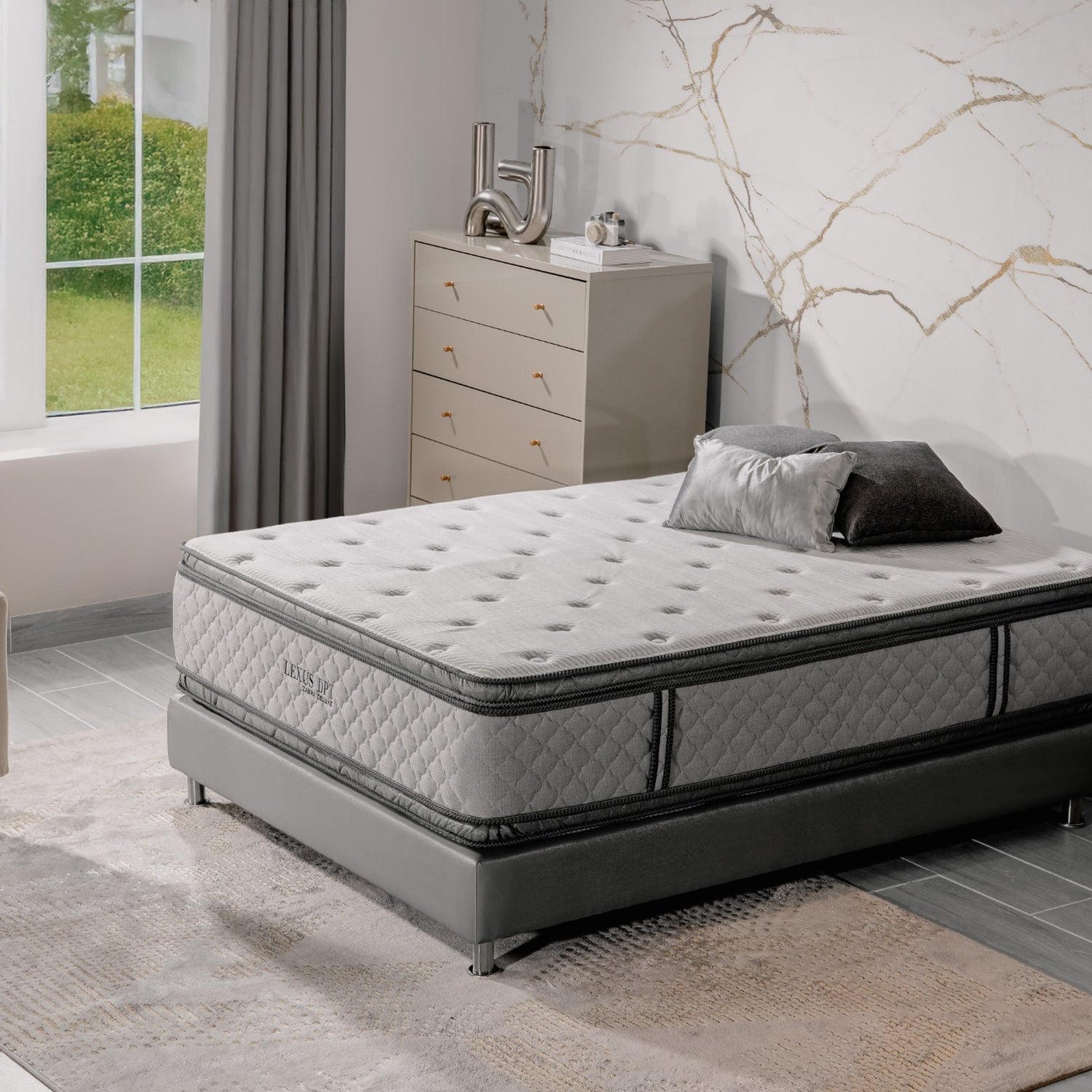 Combo Cama Queen Texas Beige, Off White, Champaña + Colchón Lexus Deluxe Doble Pillow Top