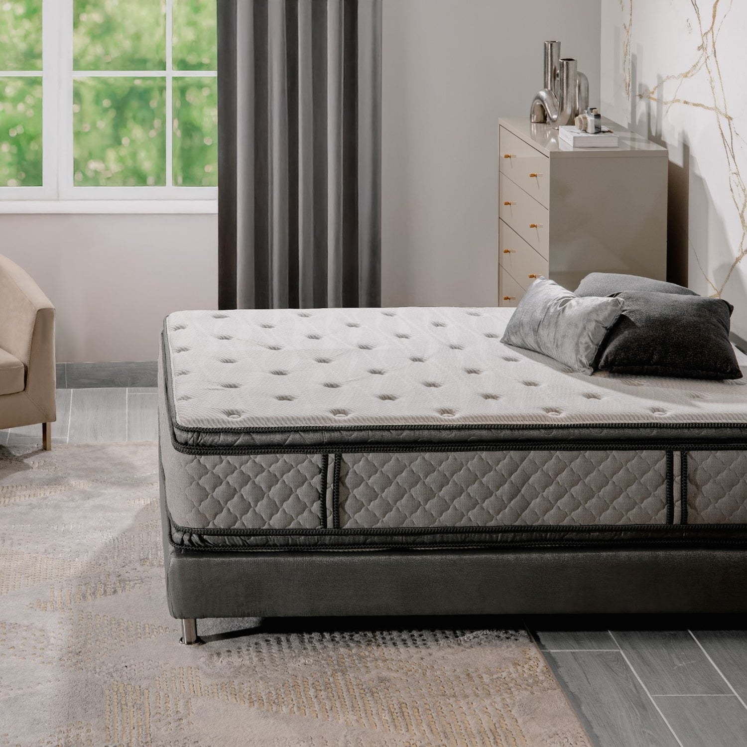 Combo Cama Queen Texas Beige, Off White, Champaña + Colchón Lexus Deluxe Doble Pillow Top