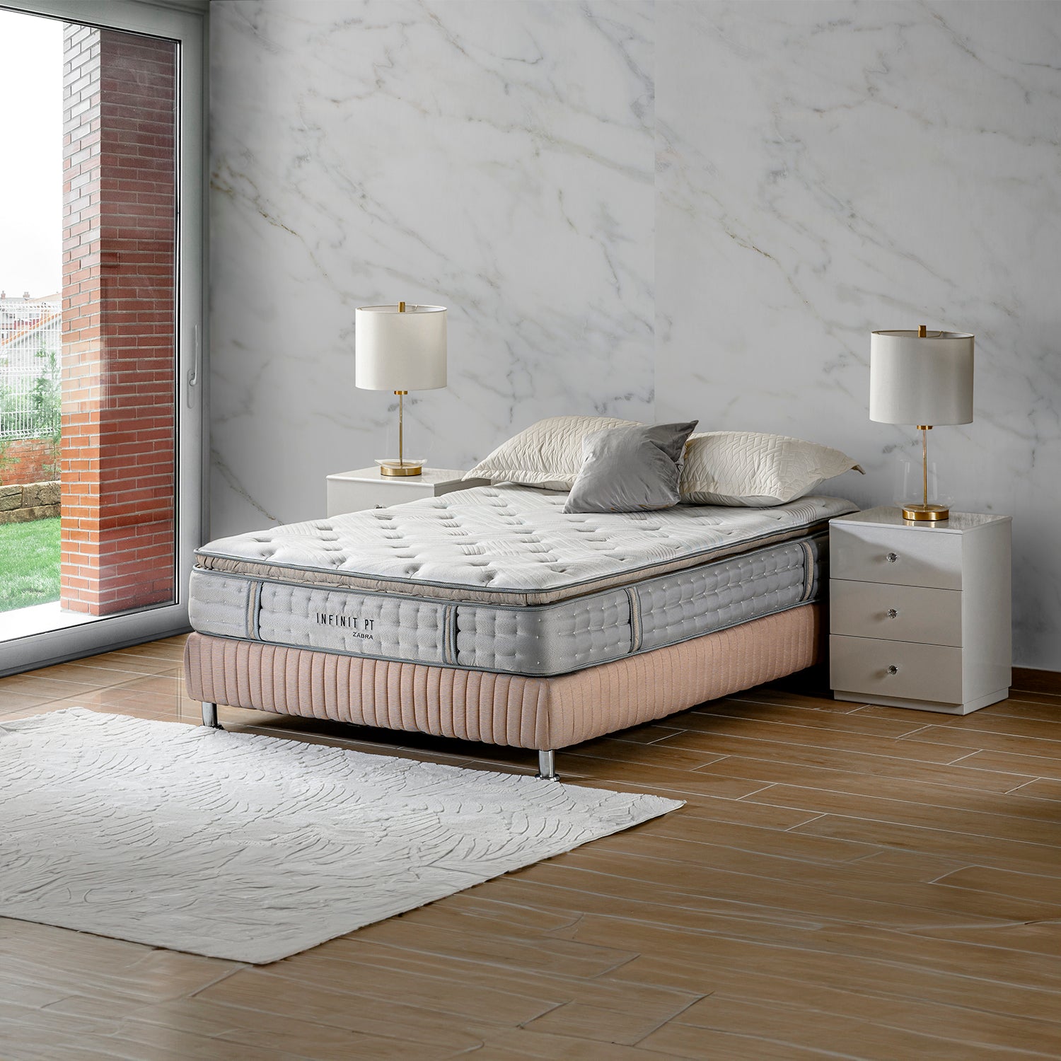 Combo Cama Doble Sevilla Velvet Crudo, Champaña + Colchón Infinit Pillow Top