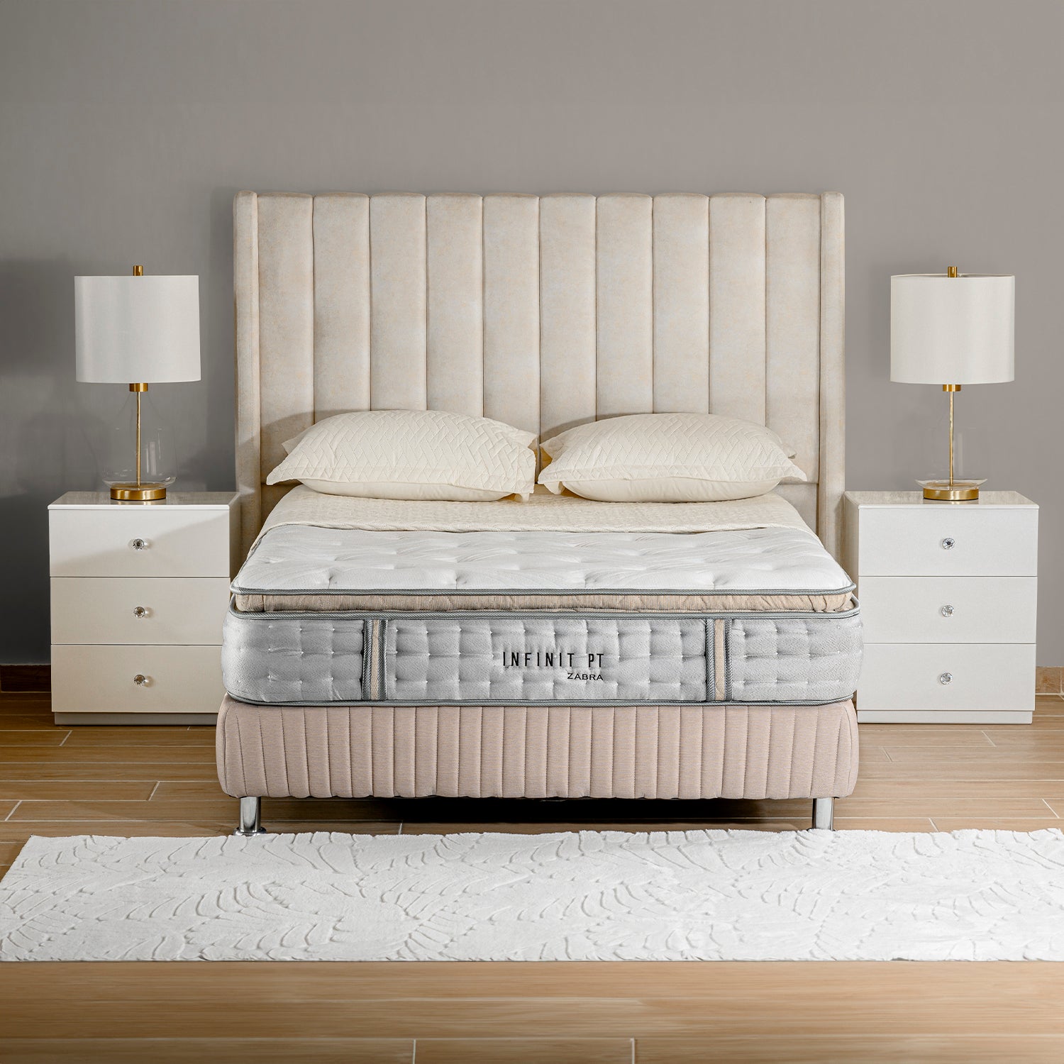 Combo Cama Doble Sevilla Velvet Crudo, Champaña + Colchón Infinit Pillow Top