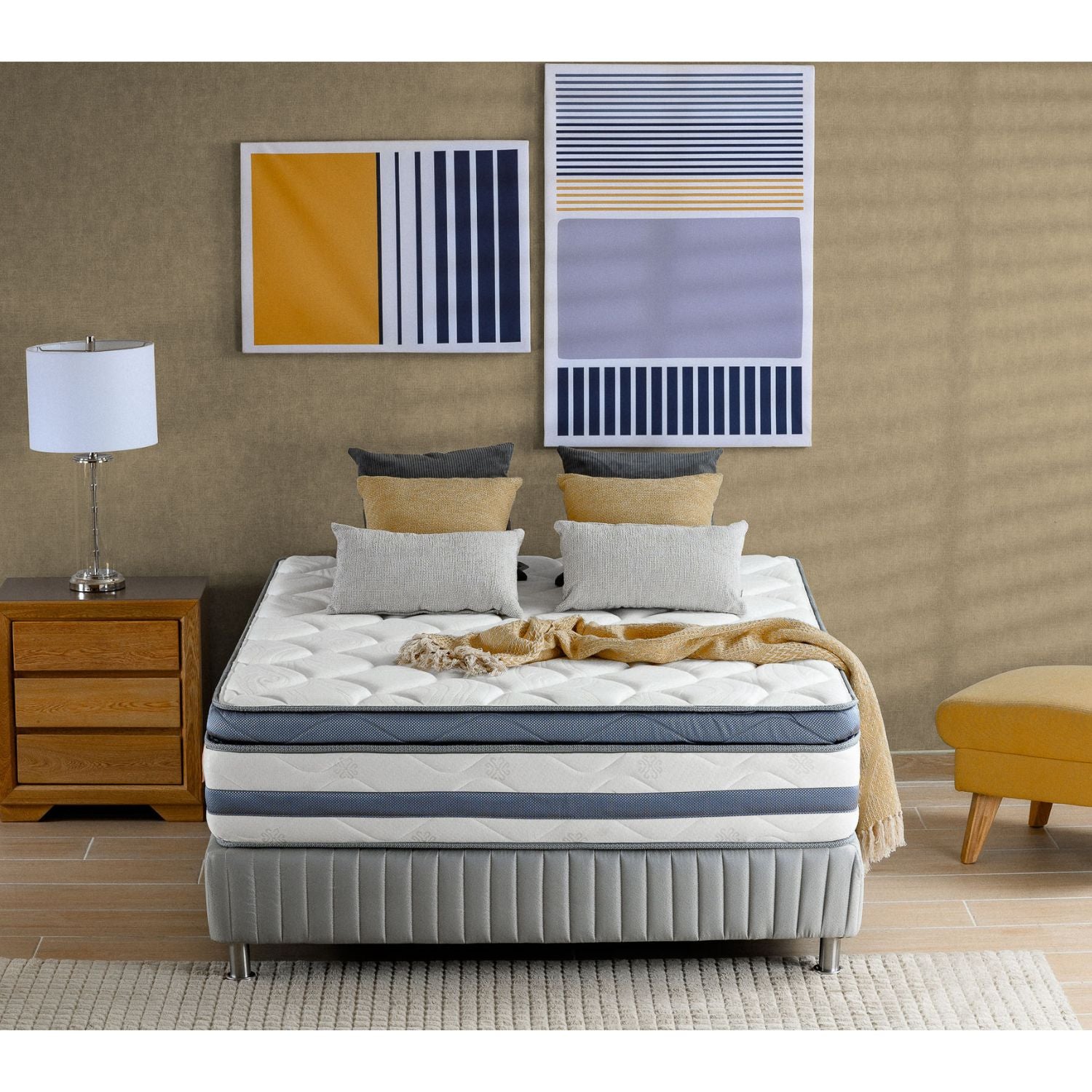 Combo Cama Doble Gael Marfil, Natural + Colchón Renacer Pillow Top