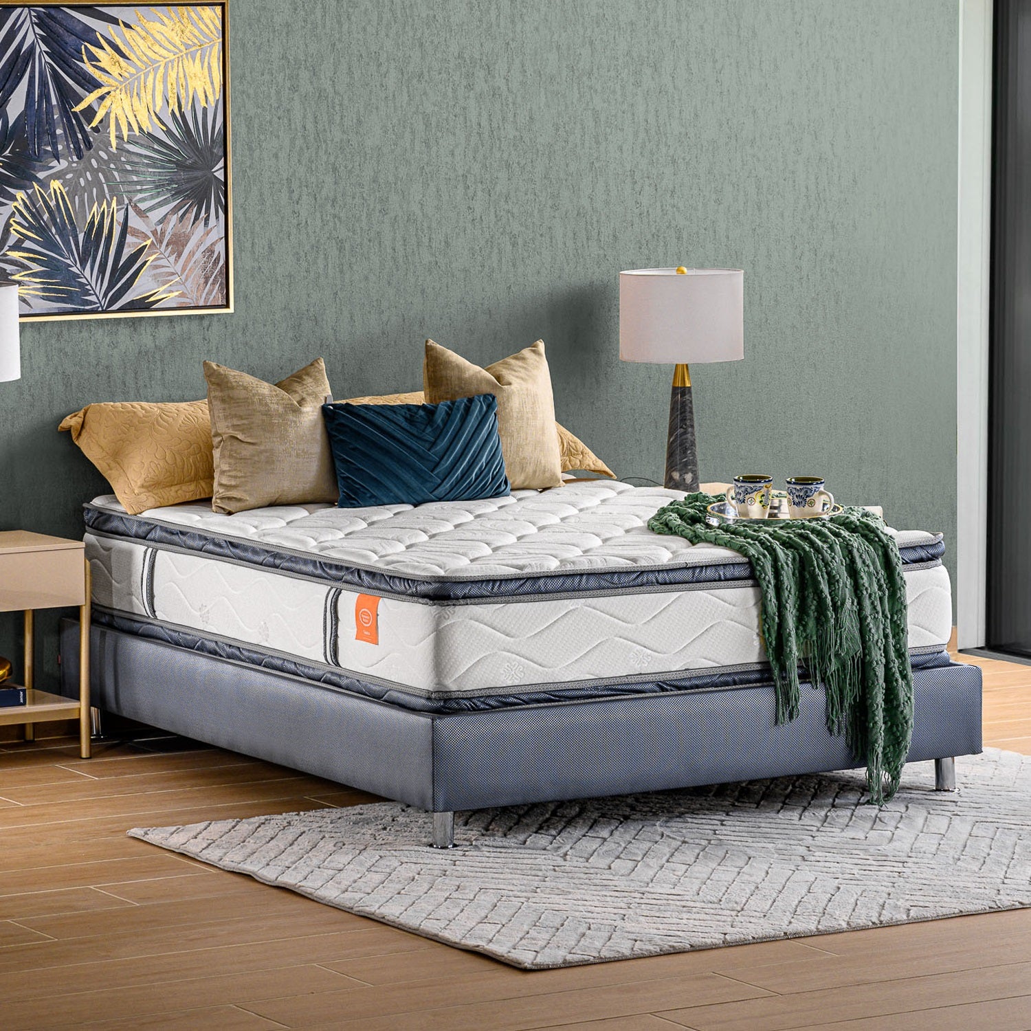 Combo Cama Queen Omega Natural, Greige + Colchón Renacer Doble Pillow Top