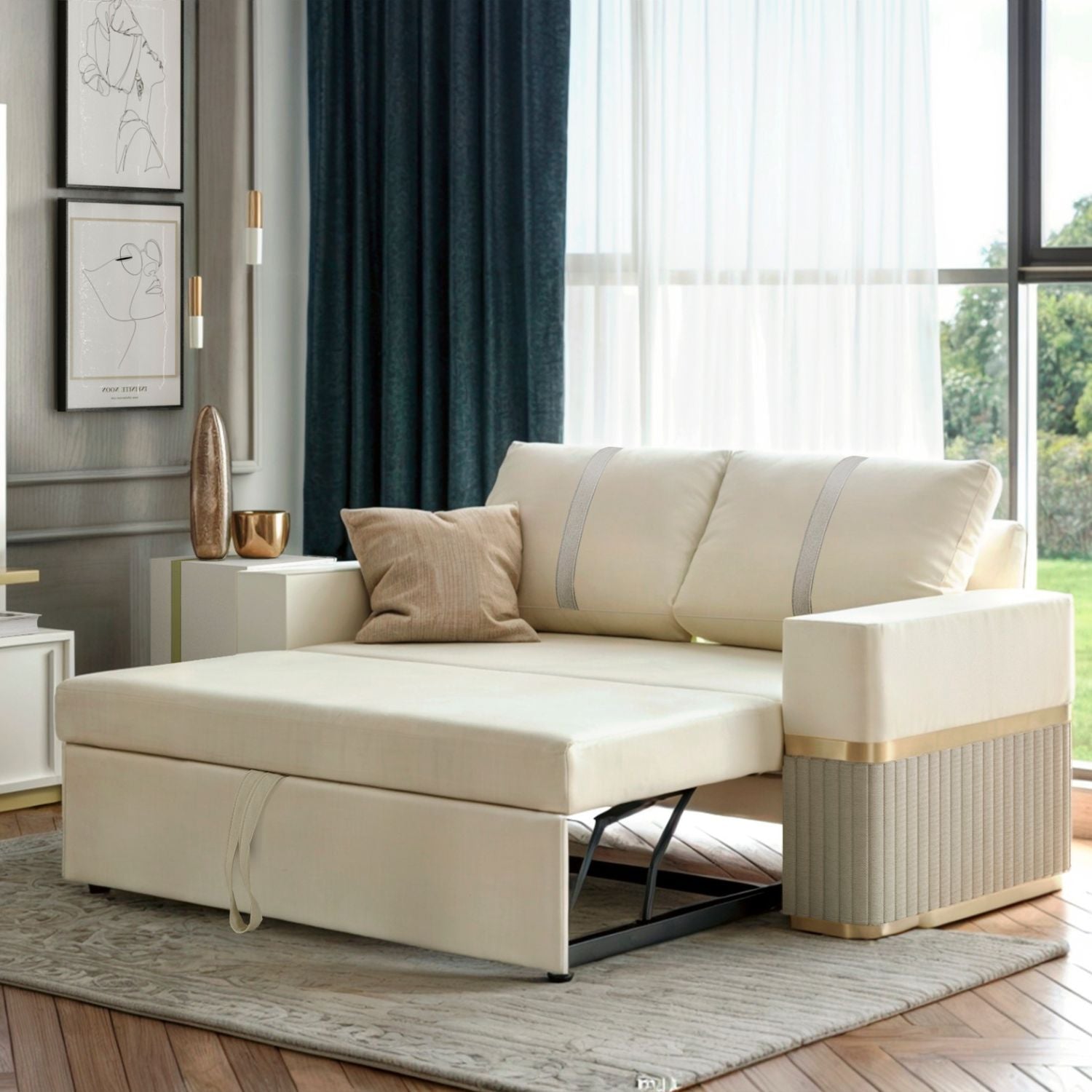 Sofá Cama Dior Eurolino Blanco Puro, Beige y Champaña